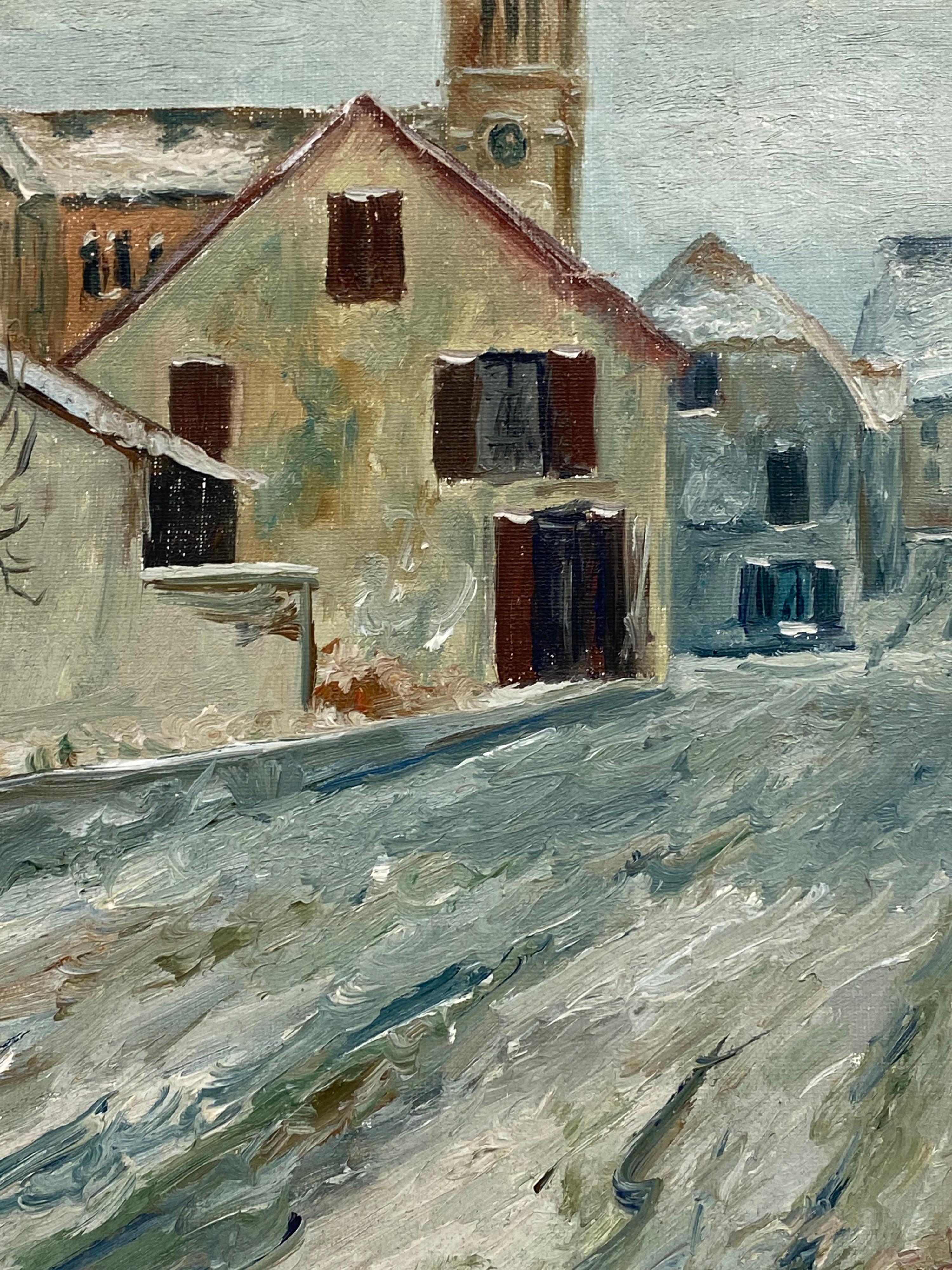 Vintage French Oil Painting Village Scene in Winters Snow 1