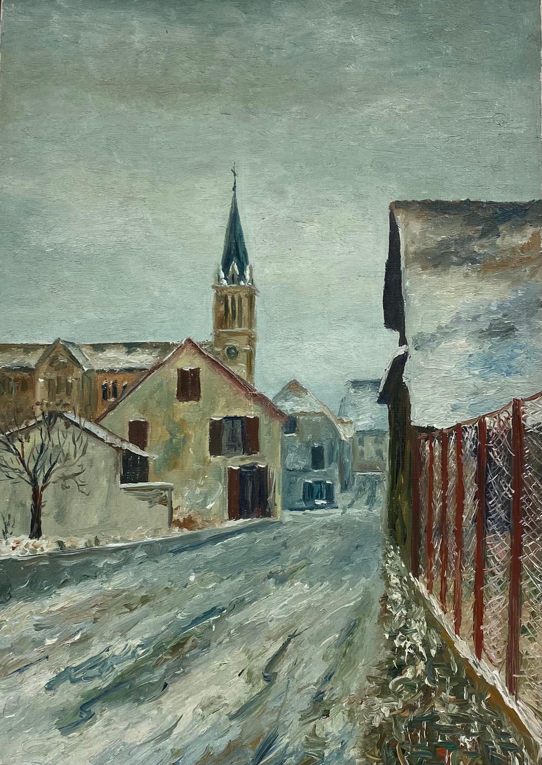 Fernand Audet Landscape Painting - Vintage French Oil Painting Village Scene in Winters Snow