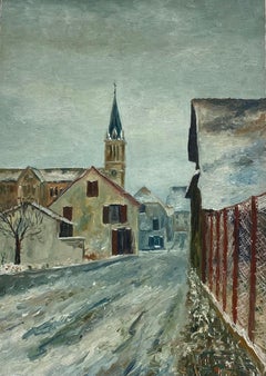 Vintage French Oil Painting Village Scene in Winters Snow