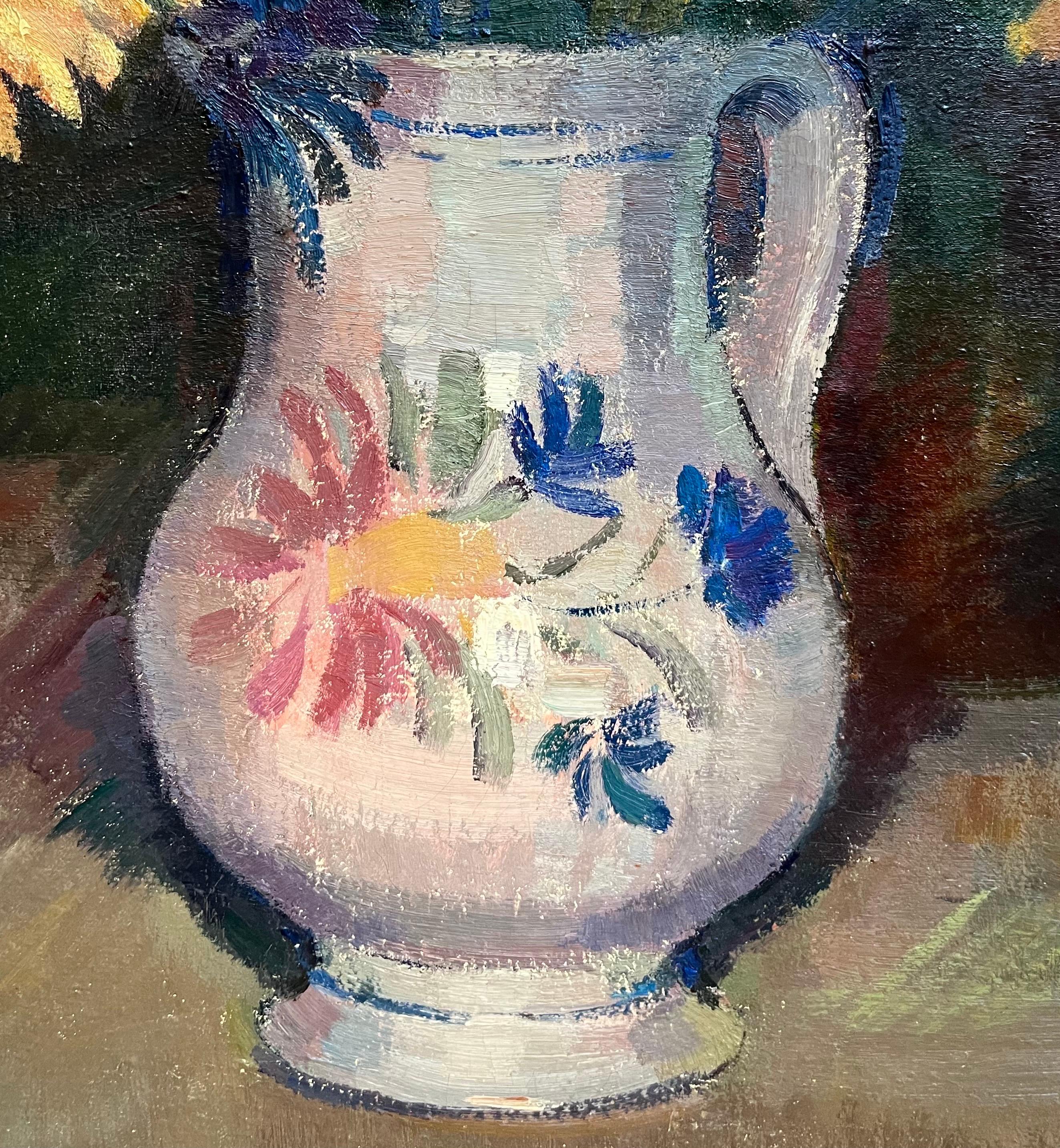 Flowers in a Pitcher by Fernand Blondin - Oil on Canvas - 52x60 cm For Sale 3