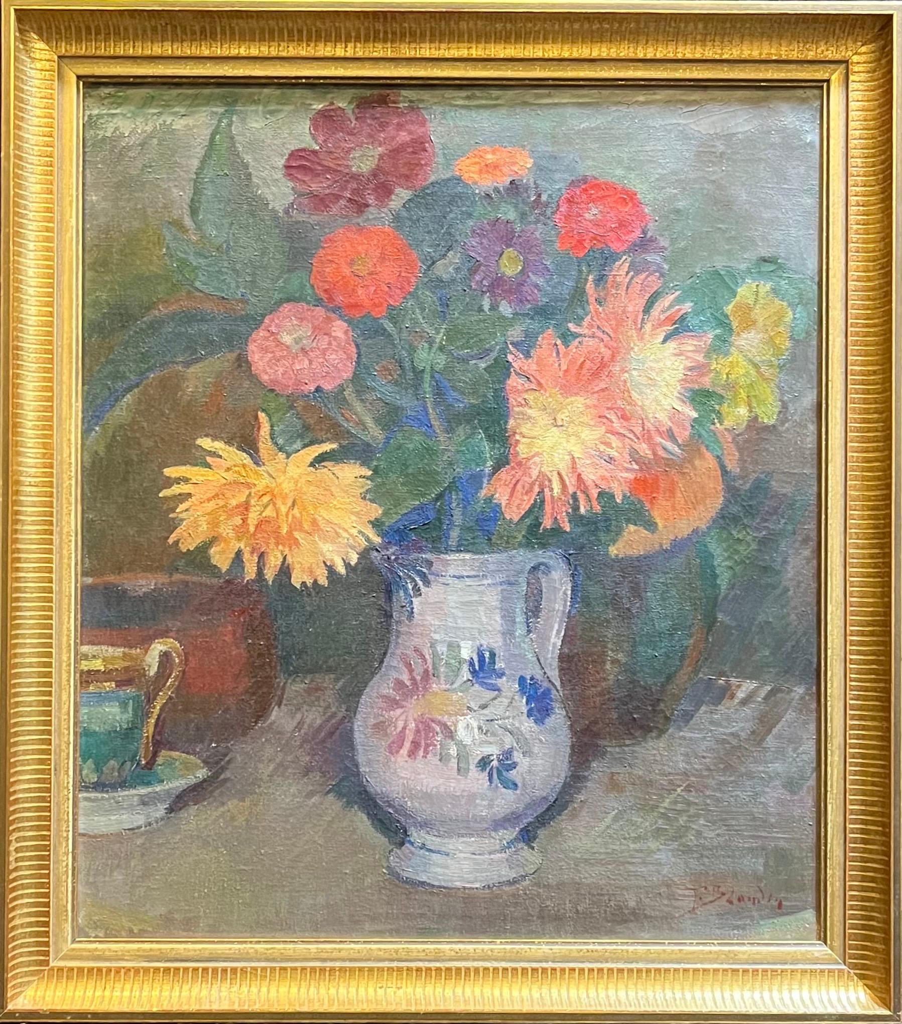 Flowers in a Pitcher by Fernand Blondin - Oil on Canvas - 52x60 cm For Sale 8