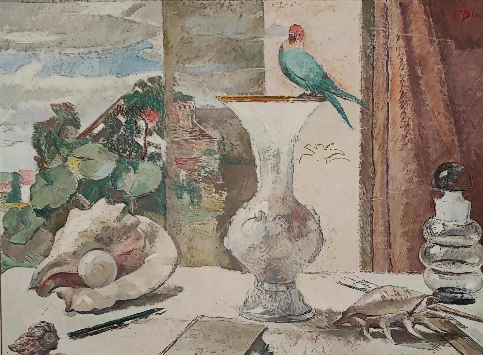Fernand Blondin Animal Painting - Parakeet in an interior with vase and shells