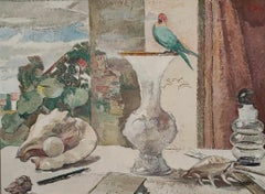 Parakeet in einem Innenraum mit Vase und Muscheln