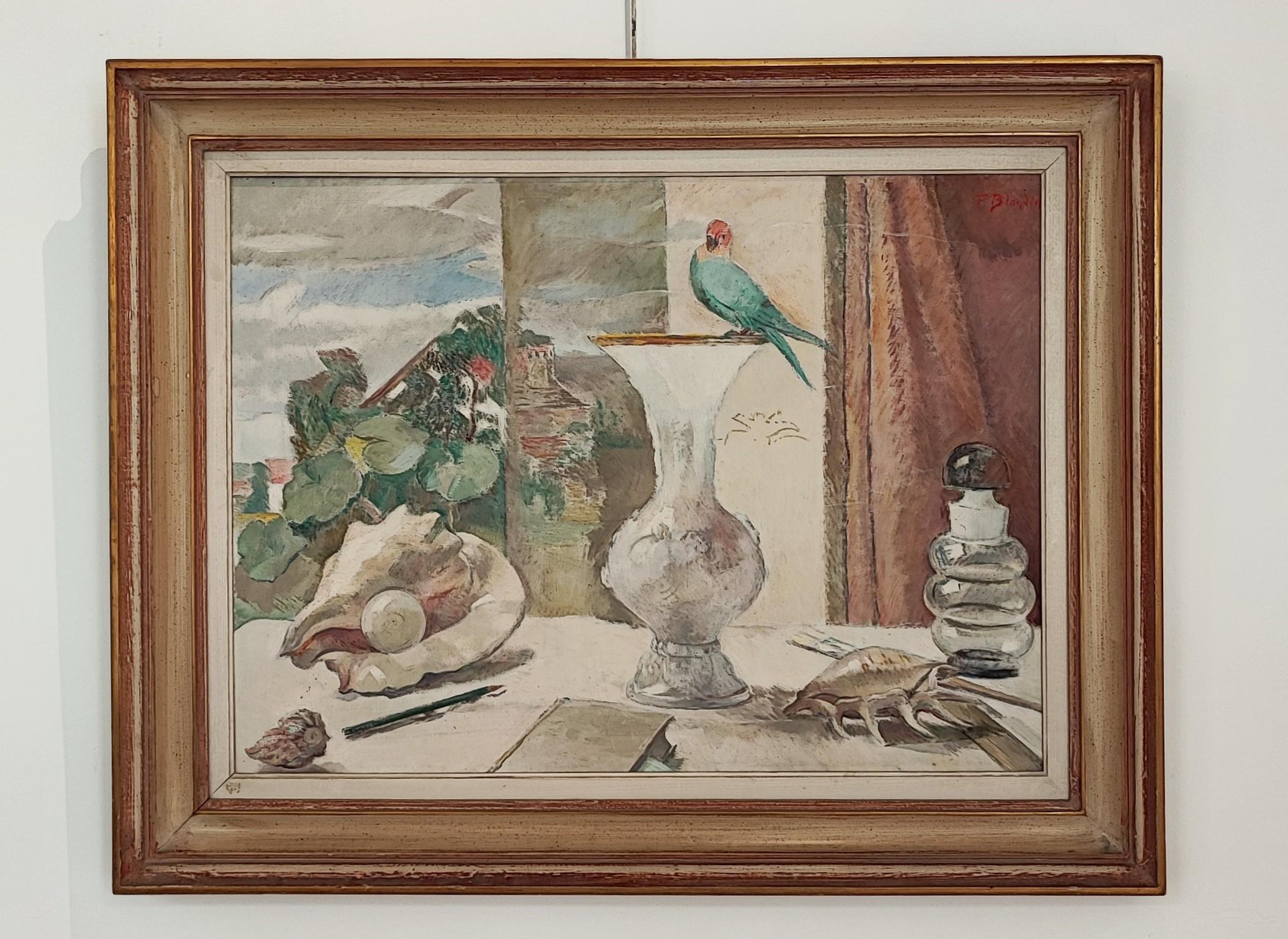 Parakeet in an interior with vase and shells - Painting by Fernand Blondin