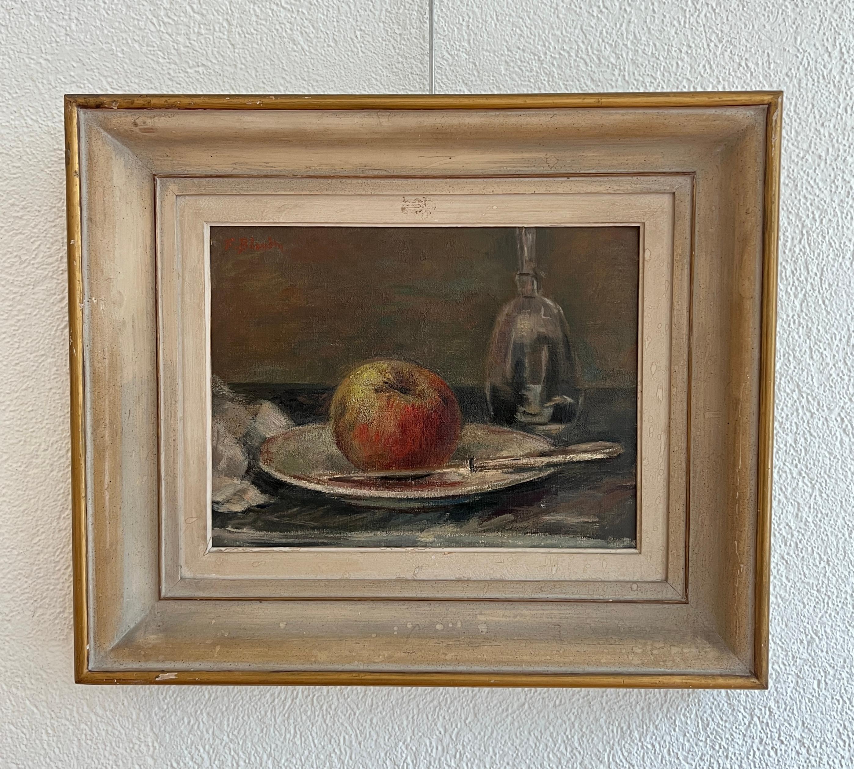 Still life with apple and carafe - Painting by Fernand Blondin
