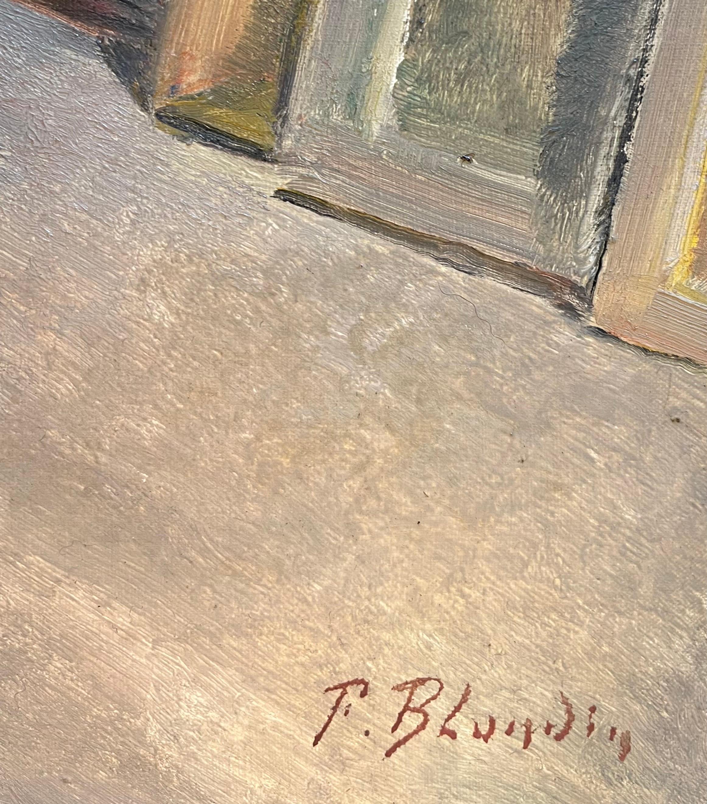 Carretilla y pala de Fernand Blondin - Óleo sobre lienzo - 60x73 cm en venta 1