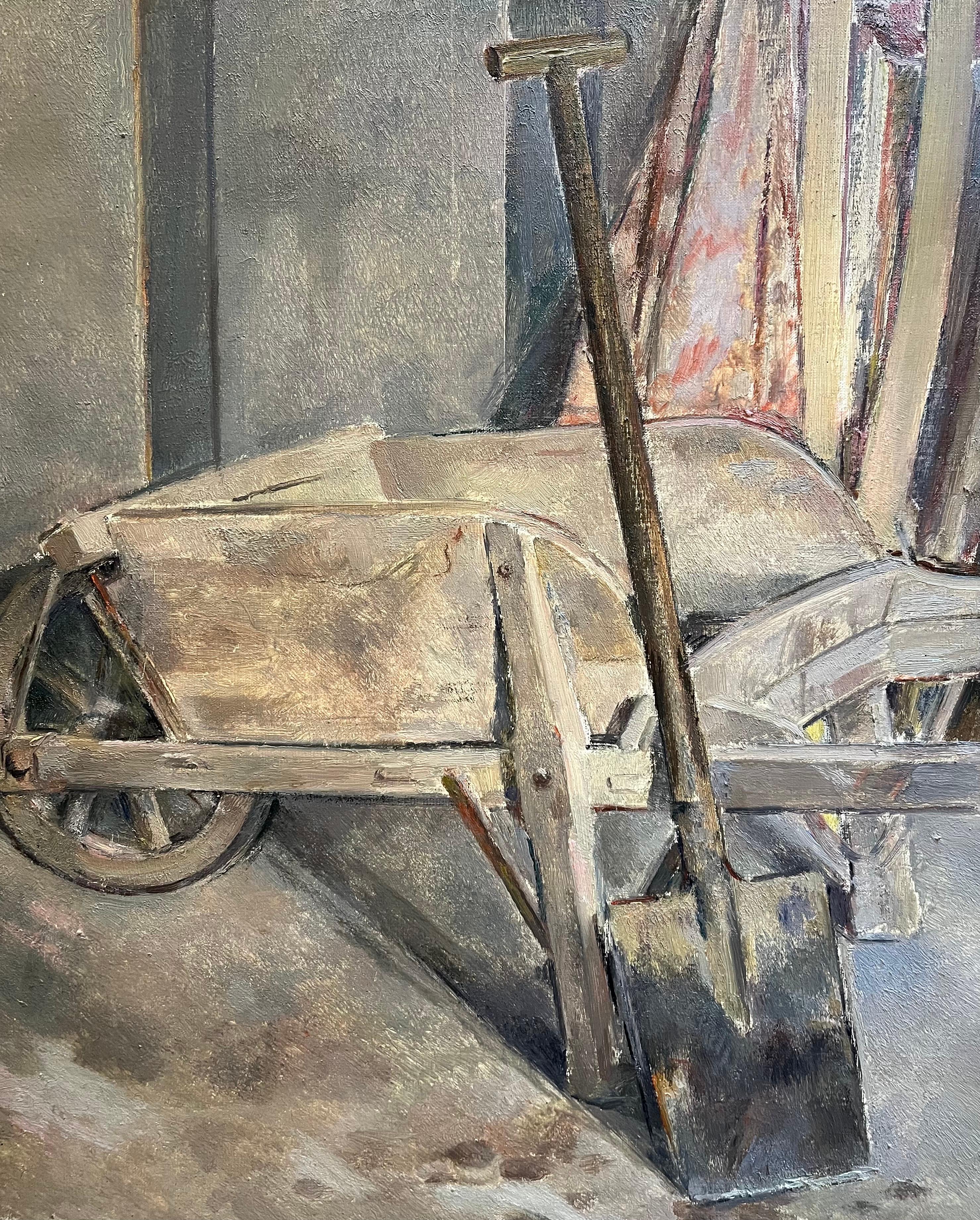 Carretilla y pala de Fernand Blondin - Óleo sobre lienzo - 60x73 cm en venta 4