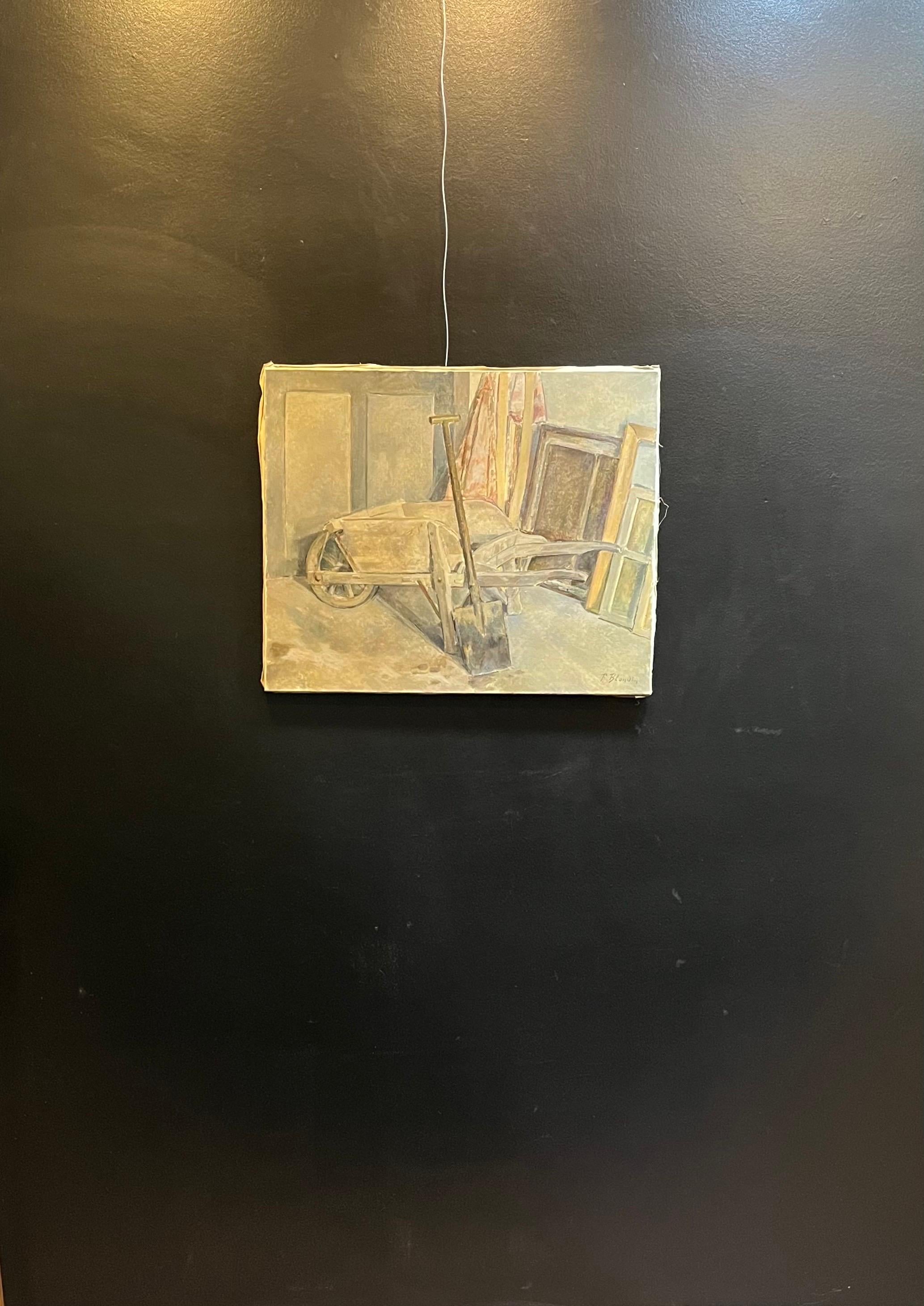 Carretilla y pala de Fernand Blondin - Óleo sobre lienzo - 60x73 cm en venta 5