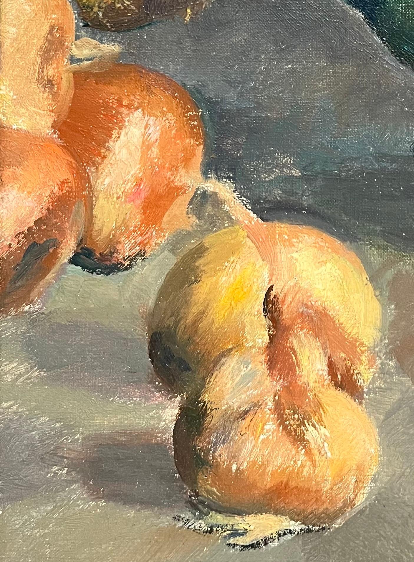 Zucchinis, Onions and Fruits by Fernand Blondin - Oil on Canvas - 49x59 cm For Sale 2