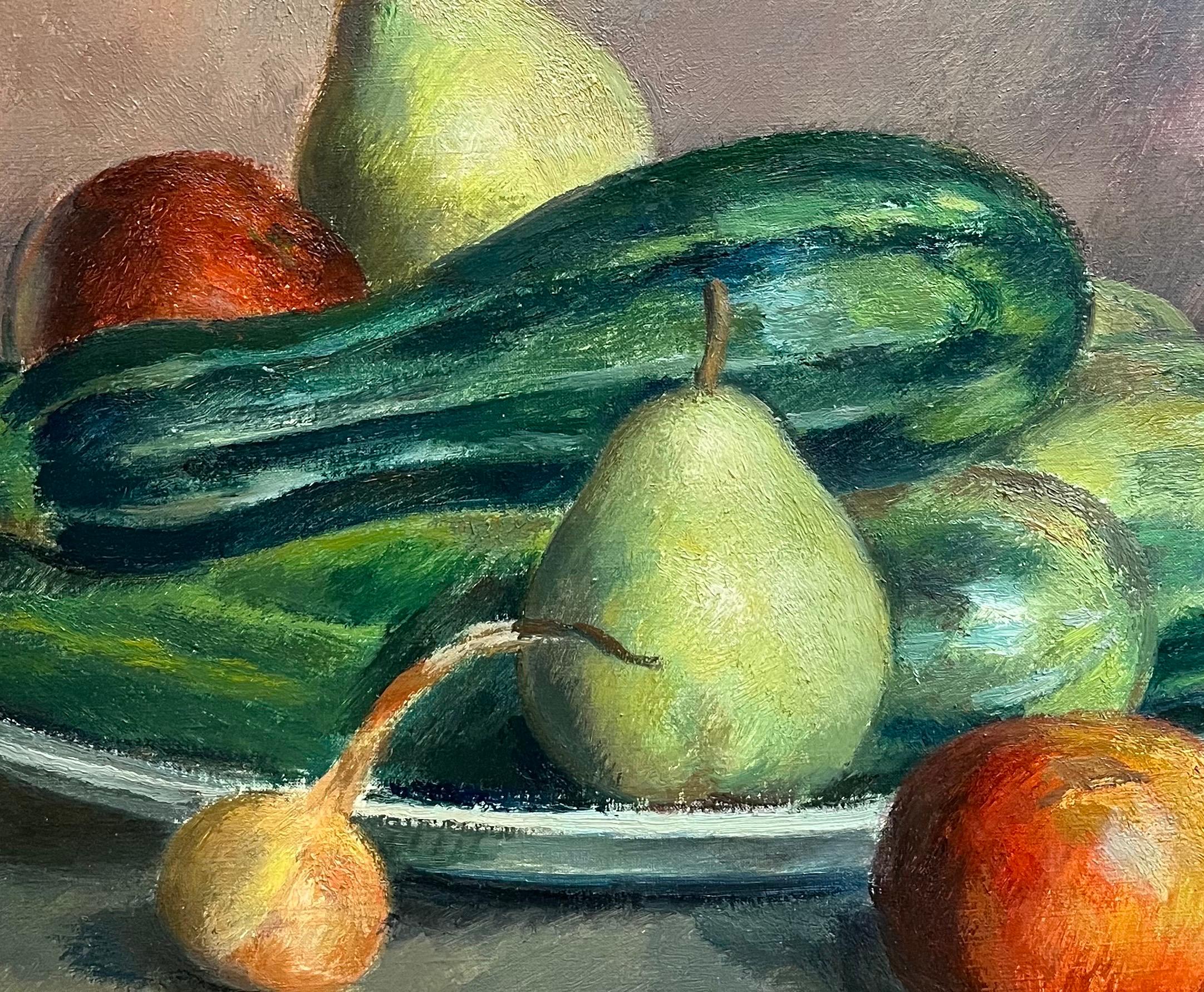 Zucchinis, Onions and Fruits by Fernand Blondin - Oil on Canvas - 49x59 cm For Sale 3