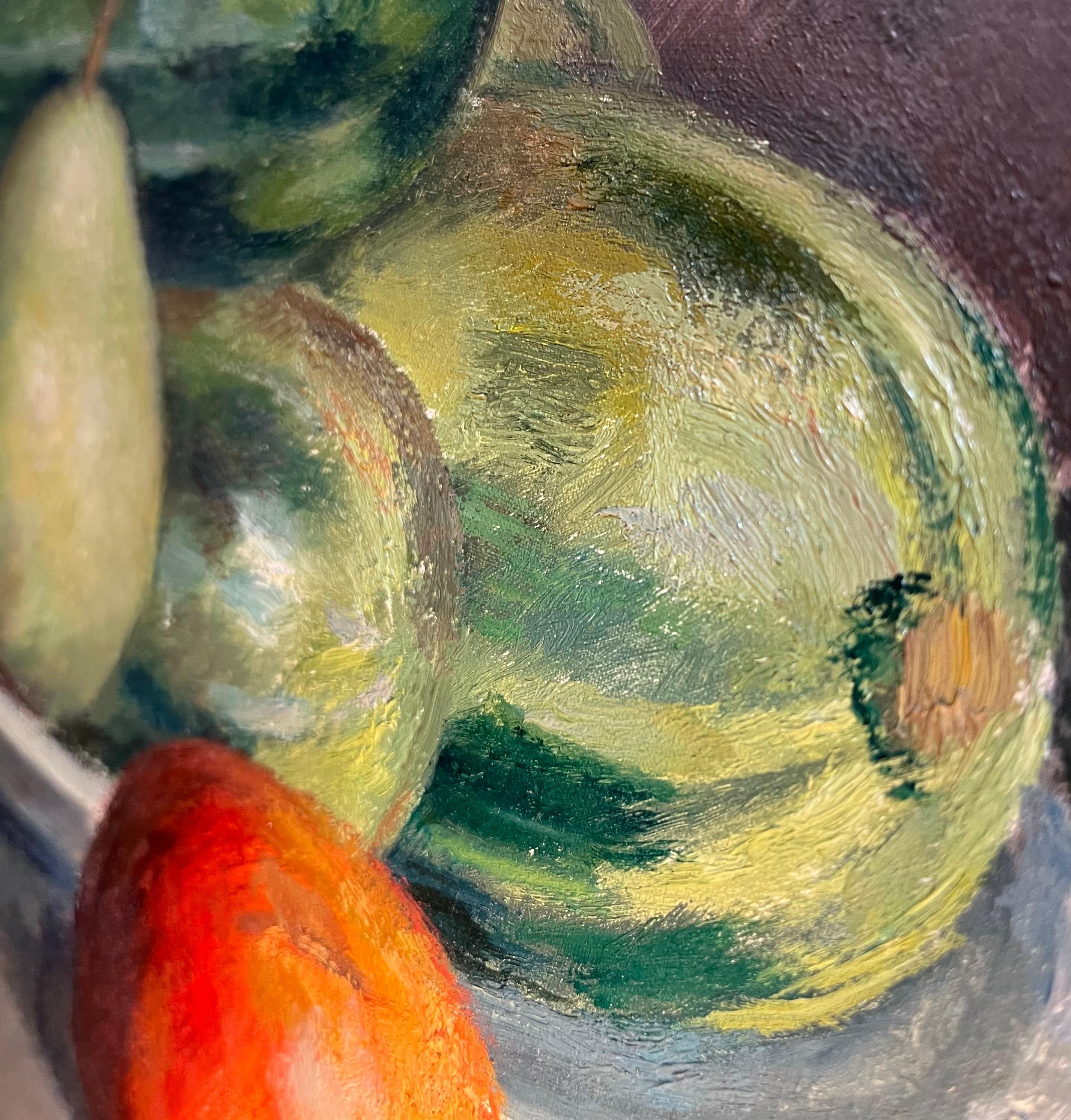 Zucchinis, Onions and Fruits by Fernand Blondin - Oil on Canvas - 49x59 cm For Sale 4