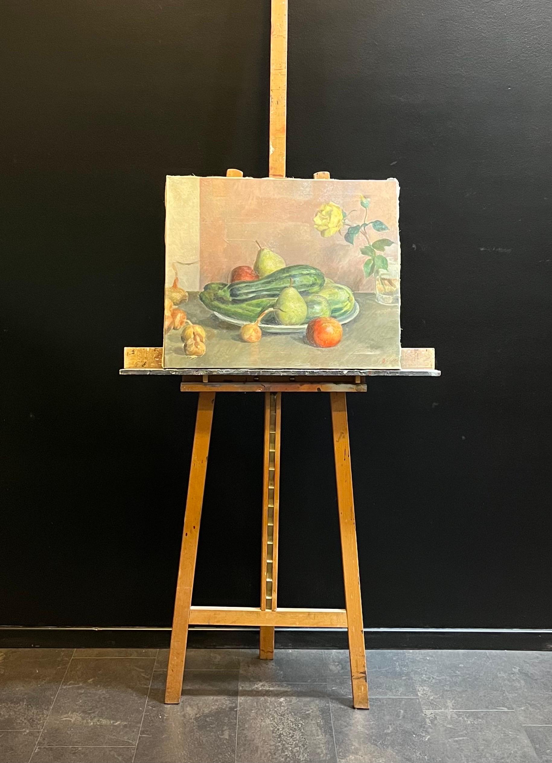 Zucchinis, Onions and Fruits by Fernand Blondin - Oil on Canvas - 49x59 cm For Sale 7