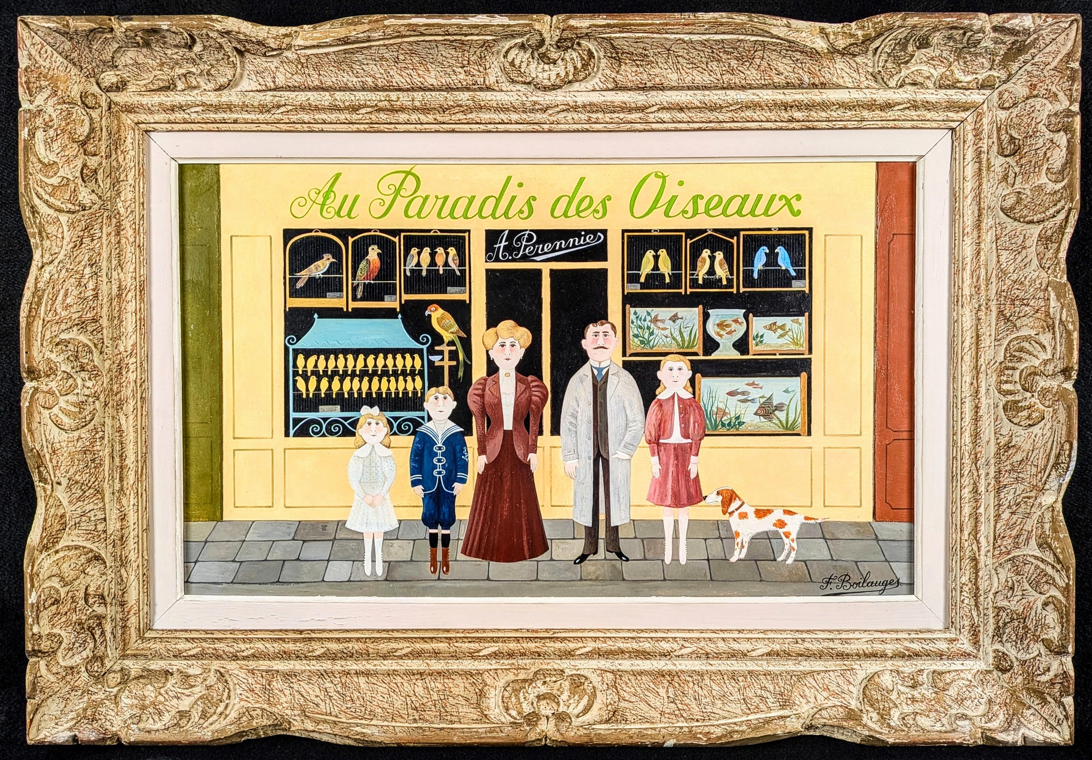 Figurative Painting di Fernand Boilauges - Nel paradiso degli uccelli - Pittura ad olio figurativa di famiglia Naïf Shop francese del XX secolo
