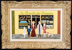 Au Paradis des Oiseaux - 20th Century French Naïf Shop Figurative Oil Painting