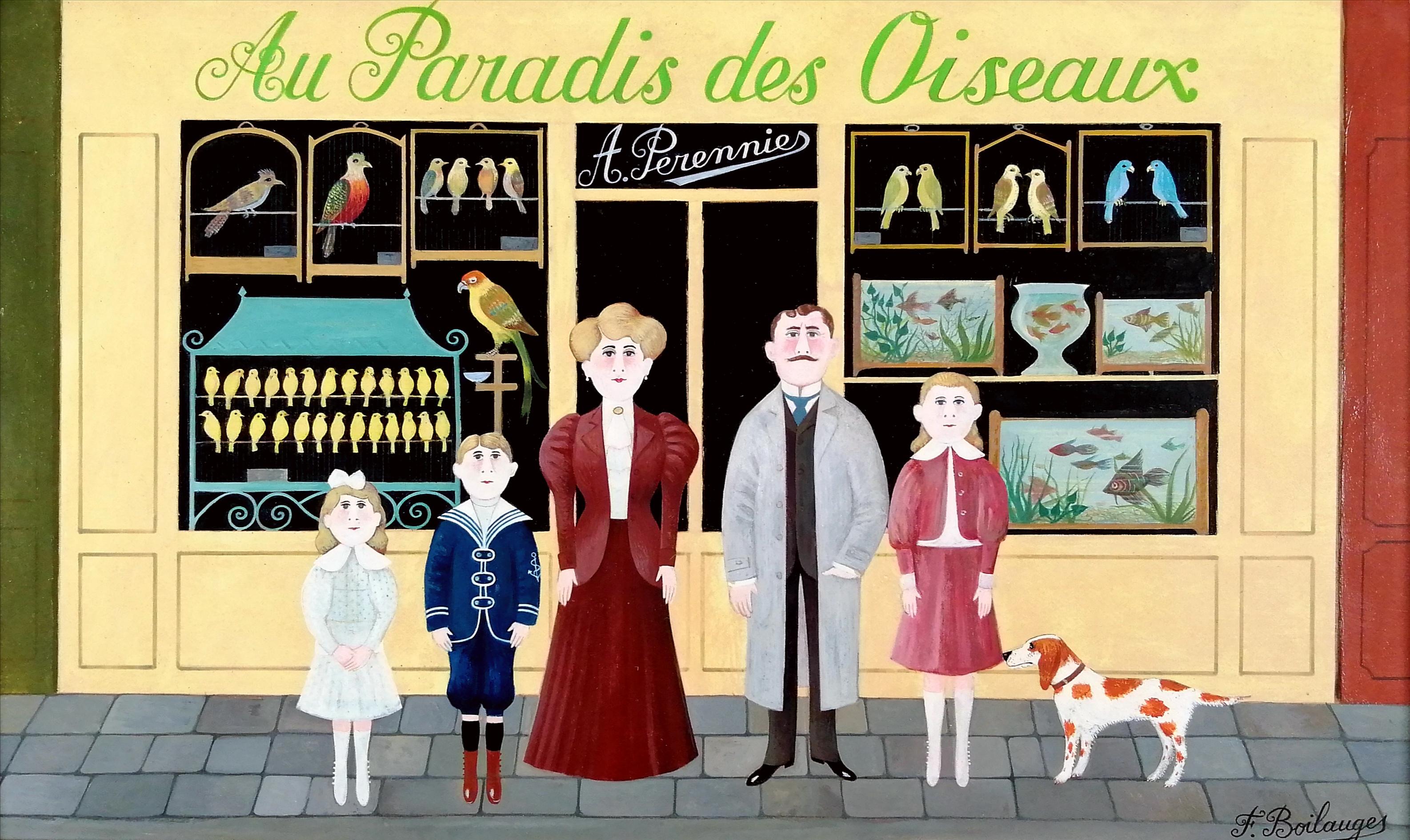 Nel paradiso degli uccelli - Pittura ad olio figurativa di famiglia Naïf Shop francese del XX secolo - Painting di Fernand Boilauges
