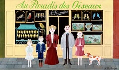 Au Paradis des Oiseaux - 20th Century French Naïf Shop Figurative Oil Painting