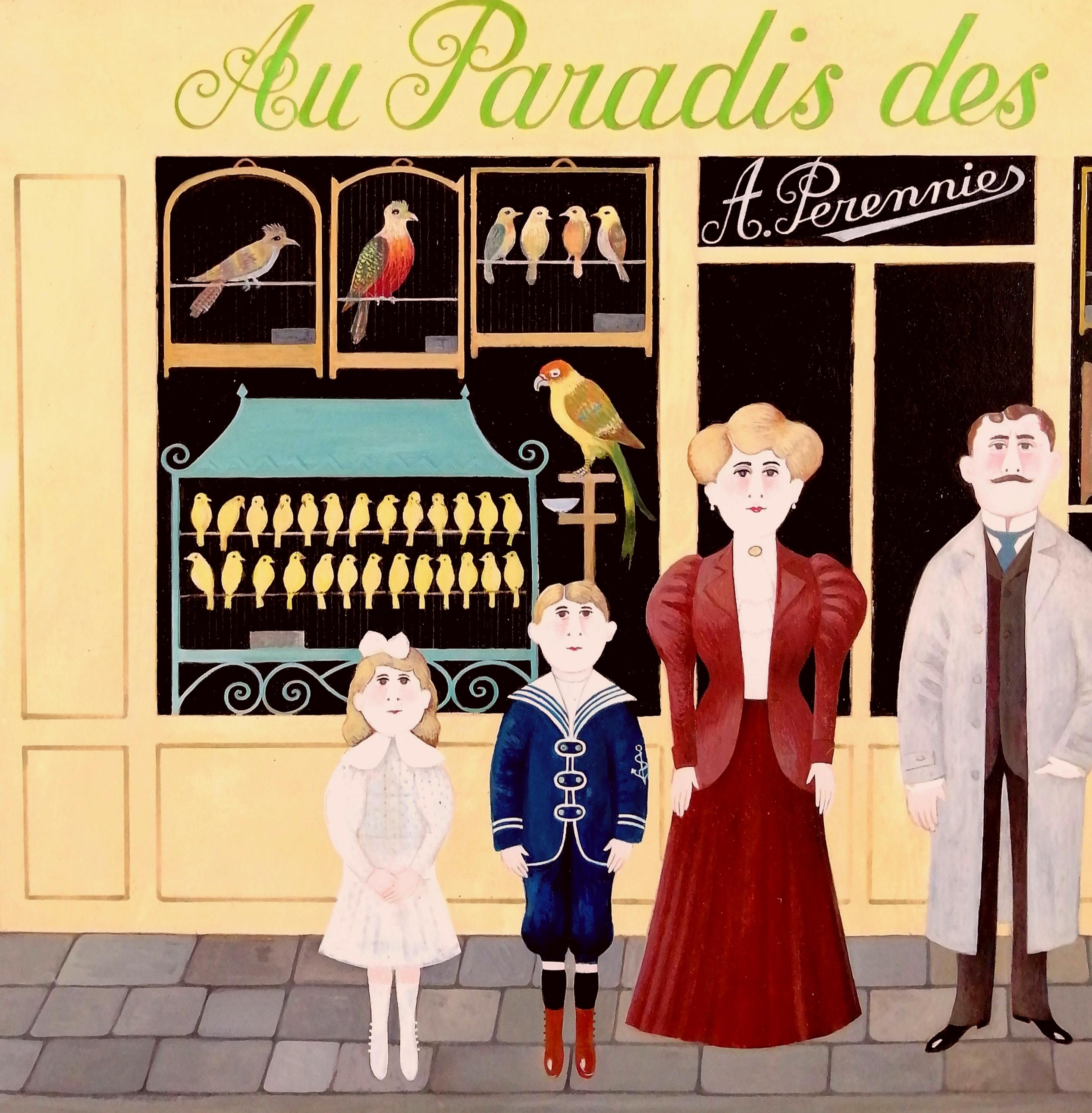 Un bellissimo olio su tavola naïf francese della metà del XX secolo che raffigura una famiglia fuori dal suo negozio di animali, opera di Fernand Boilauges.

Il negozio si chiama Au Paradis des Oiseaux (Nel Paradiso degli Uccelli) e presenta una