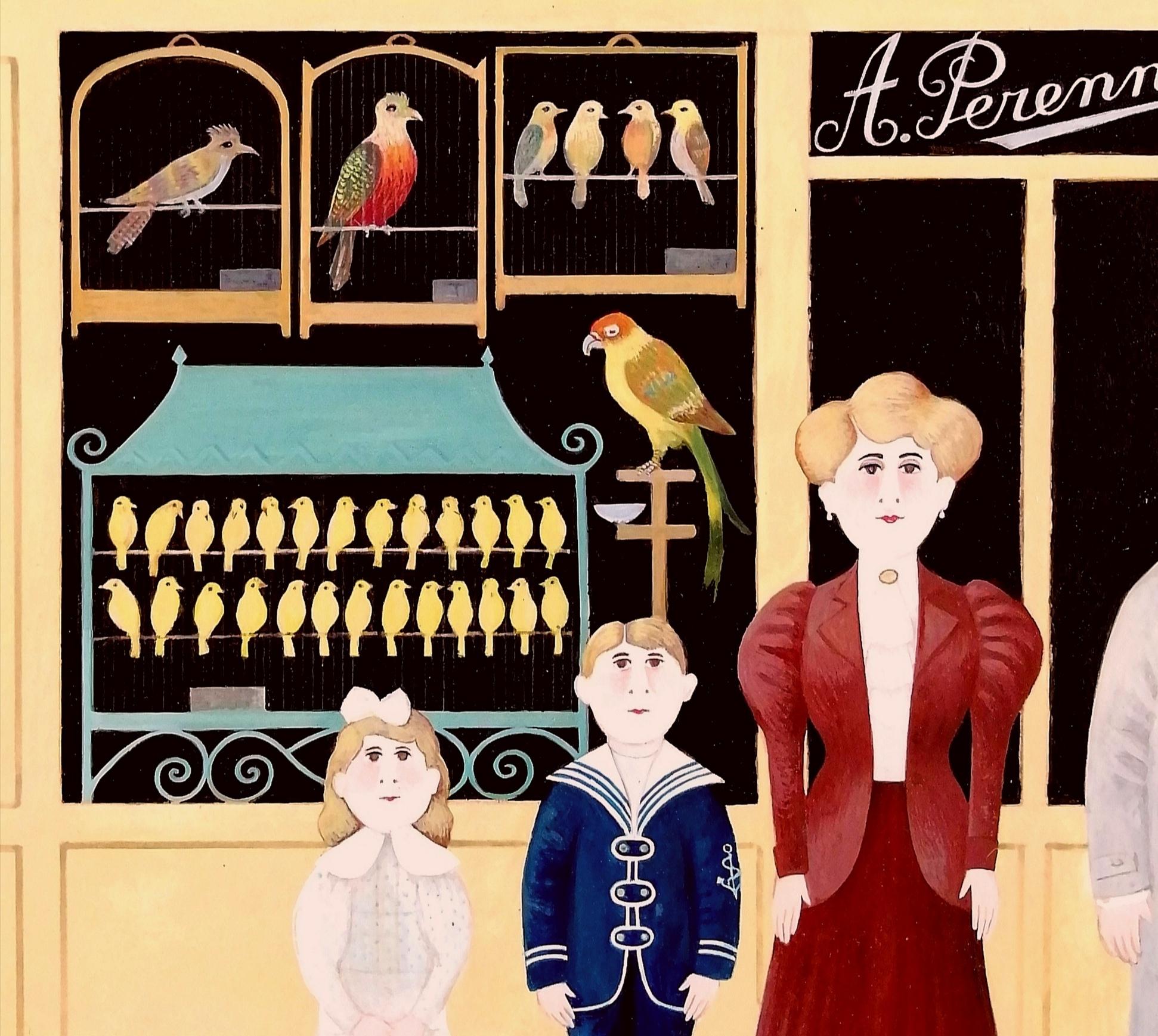 Nel paradiso degli uccelli - Pittura ad olio figurativa di famiglia Naïf Shop francese del XX secolo in vendita 1