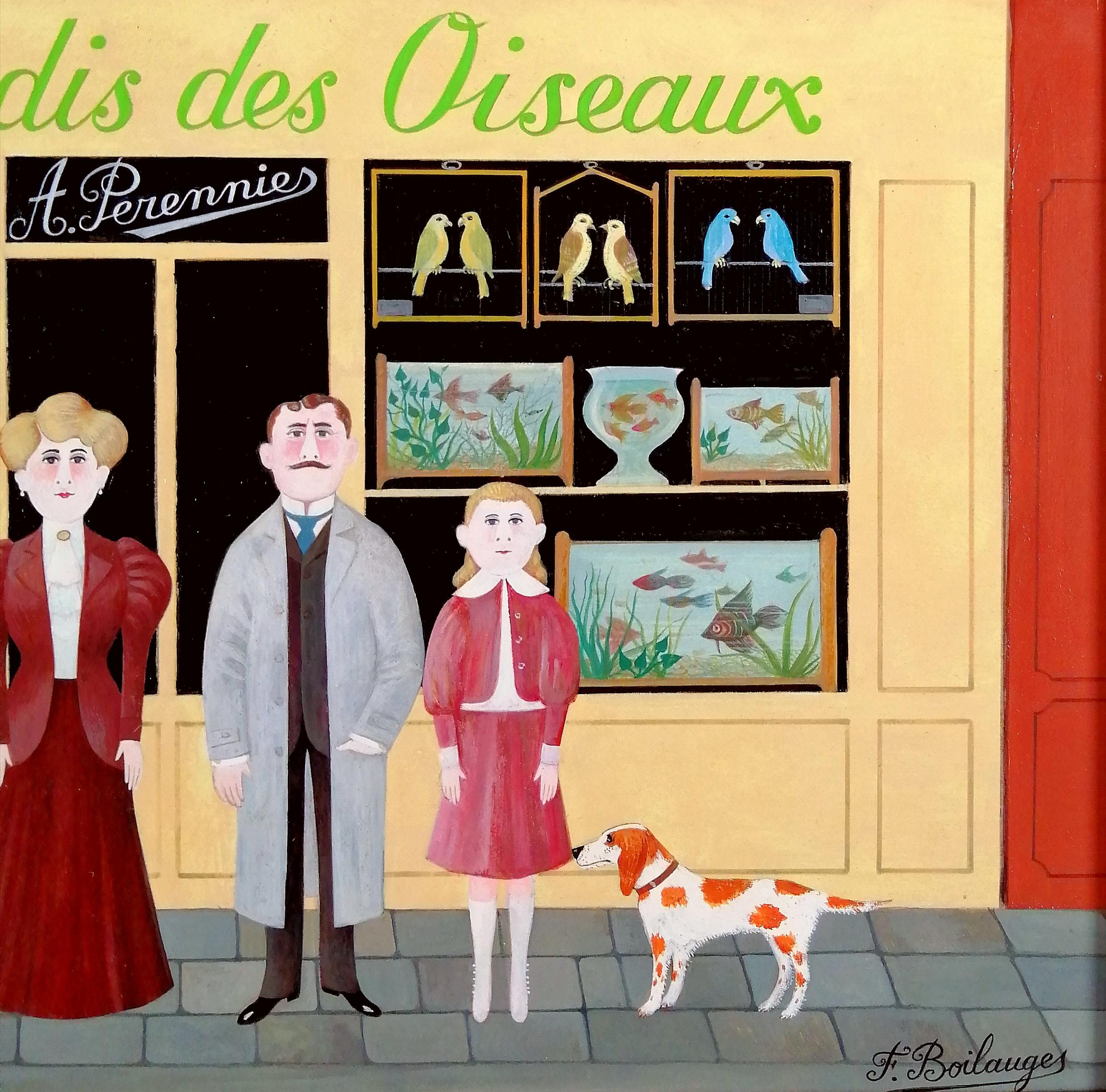 Nel paradiso degli uccelli - Pittura ad olio figurativa di famiglia Naïf Shop francese del XX secolo in vendita 2