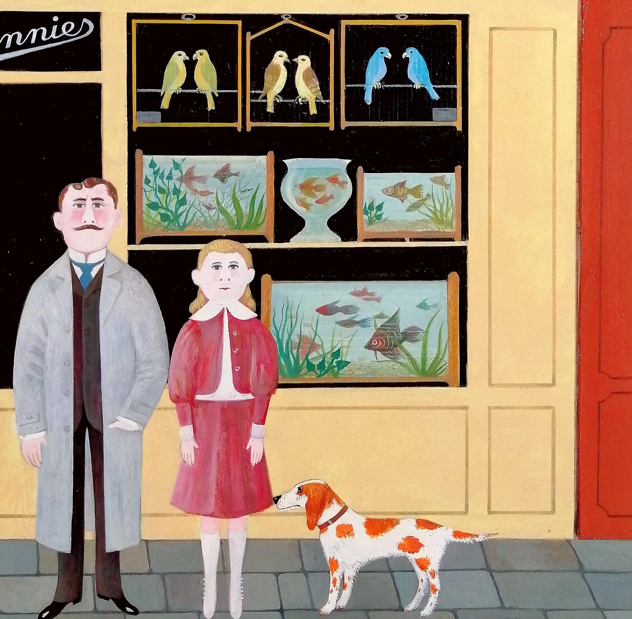 Nel paradiso degli uccelli - Pittura ad olio figurativa di famiglia Naïf Shop francese del XX secolo in vendita 3