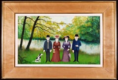 La Famille au Bord de la Rivière - Mid 20th Century French Naïf Oil Painting