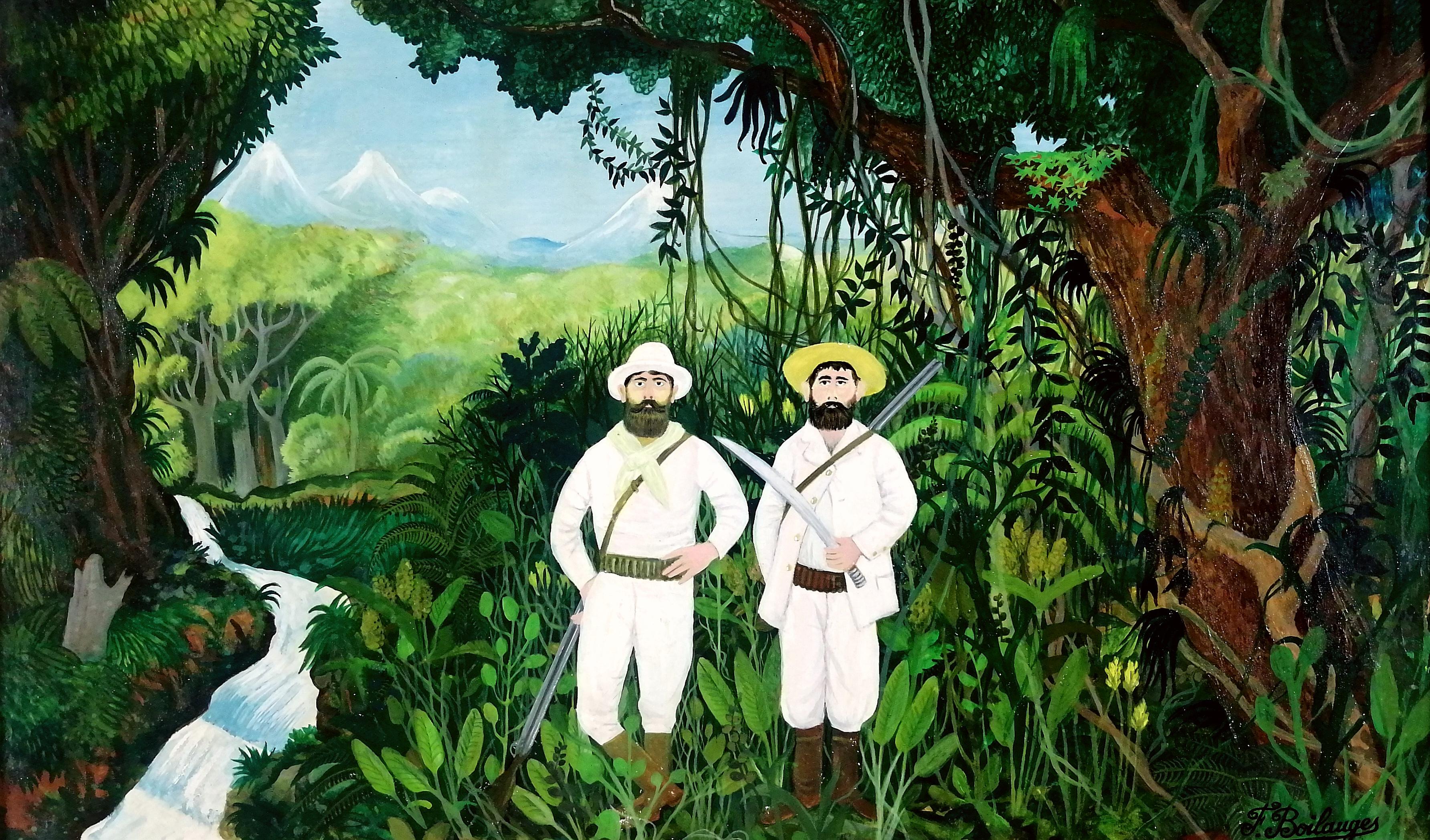Les Deux Chasseurs Pittura naïf figurativa di paesaggio Jungling della metà del secolo scorso - Painting di Fernand Boilauges