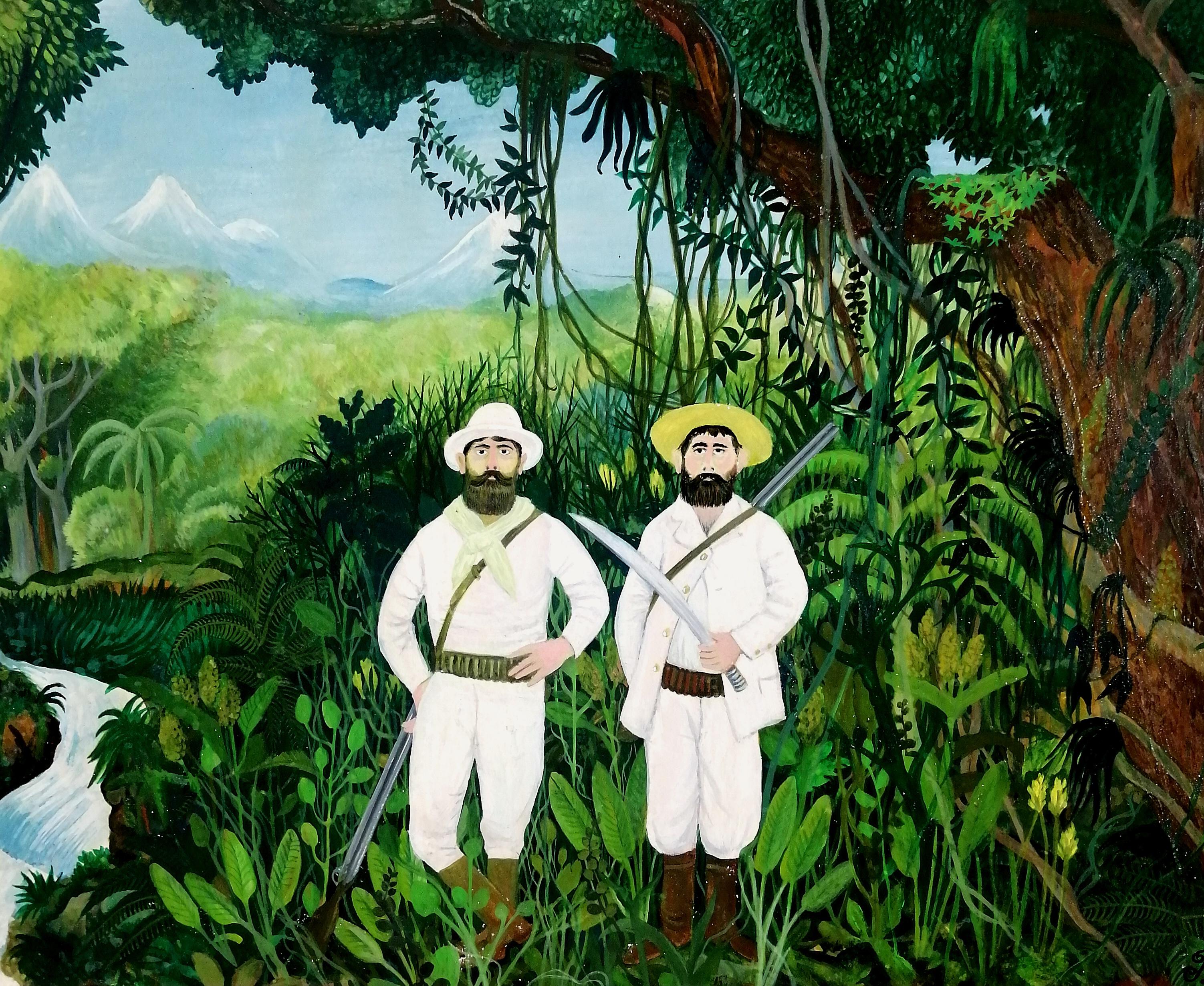 Les Deux Chasseurs Pittura naïf figurativa di paesaggio Jungling della metà del secolo scorso - Figurative Painting Marrone di Fernand Boilauges