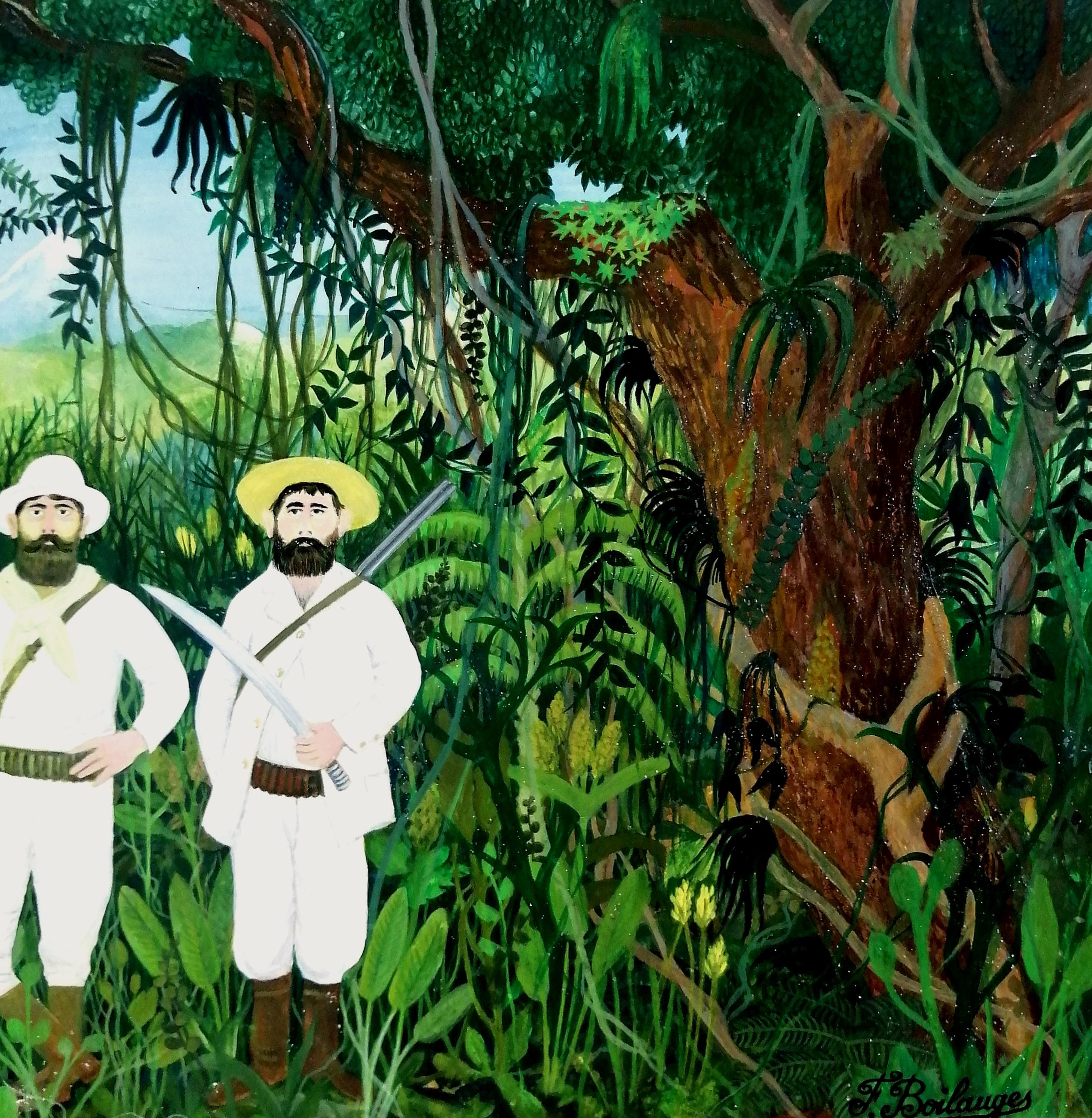 Les Deux Chasseurs Pittura naïf figurativa di paesaggio Jungling della metà del secolo scorso in vendita 1