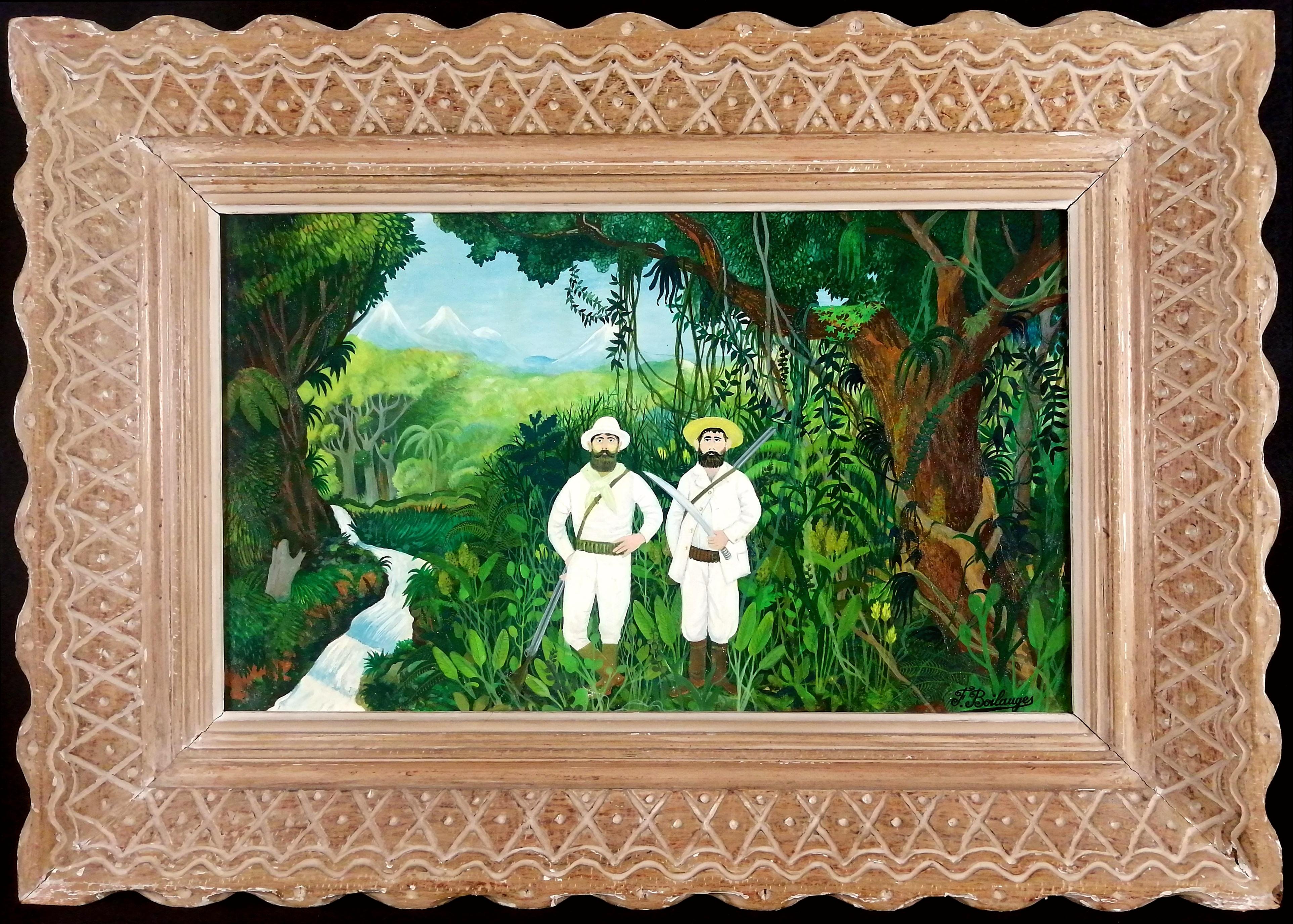 Figurative Painting di Fernand Boilauges - Les Deux Chasseurs Pittura naïf figurativa di paesaggio Jungling della metà del secolo scorso