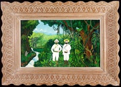 Les Deux Chasseurs Mid Century French Naïf Figurative Jungle Landscape Painting