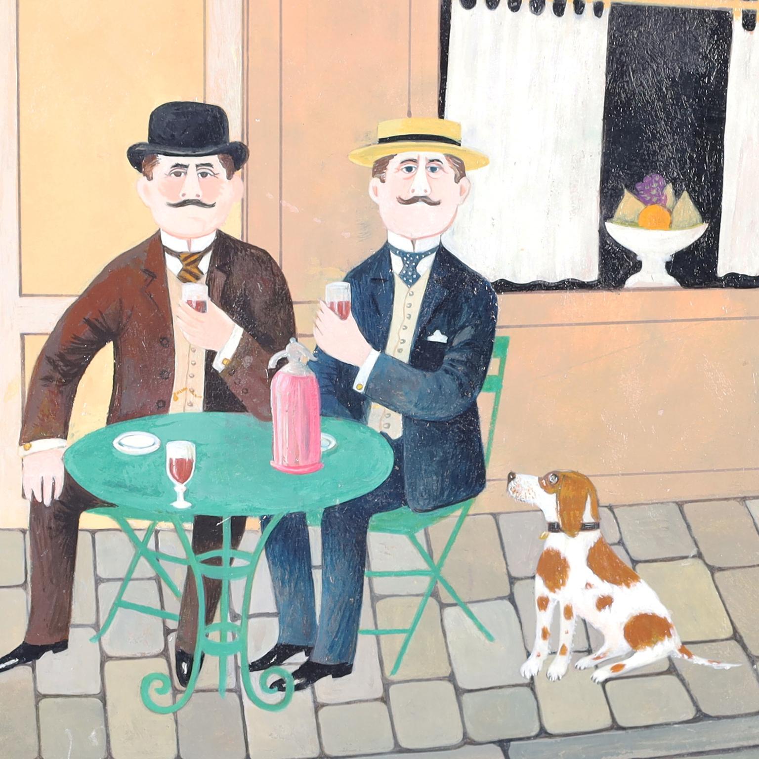Pittura a olio su tavola di un caffè francese - Figurative Painting Beige di Fernand Boilauges