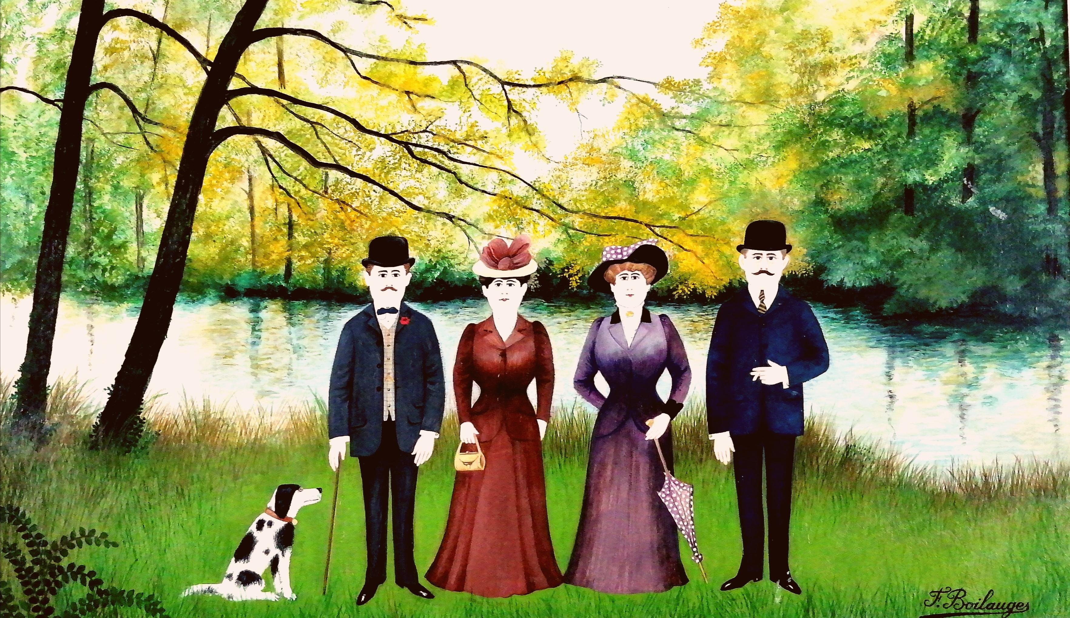 La famiglia in riva al fiume - Pittura ad olio figurativa naïf francese della metà del XX secolo - Painting di Fernand Boilauges