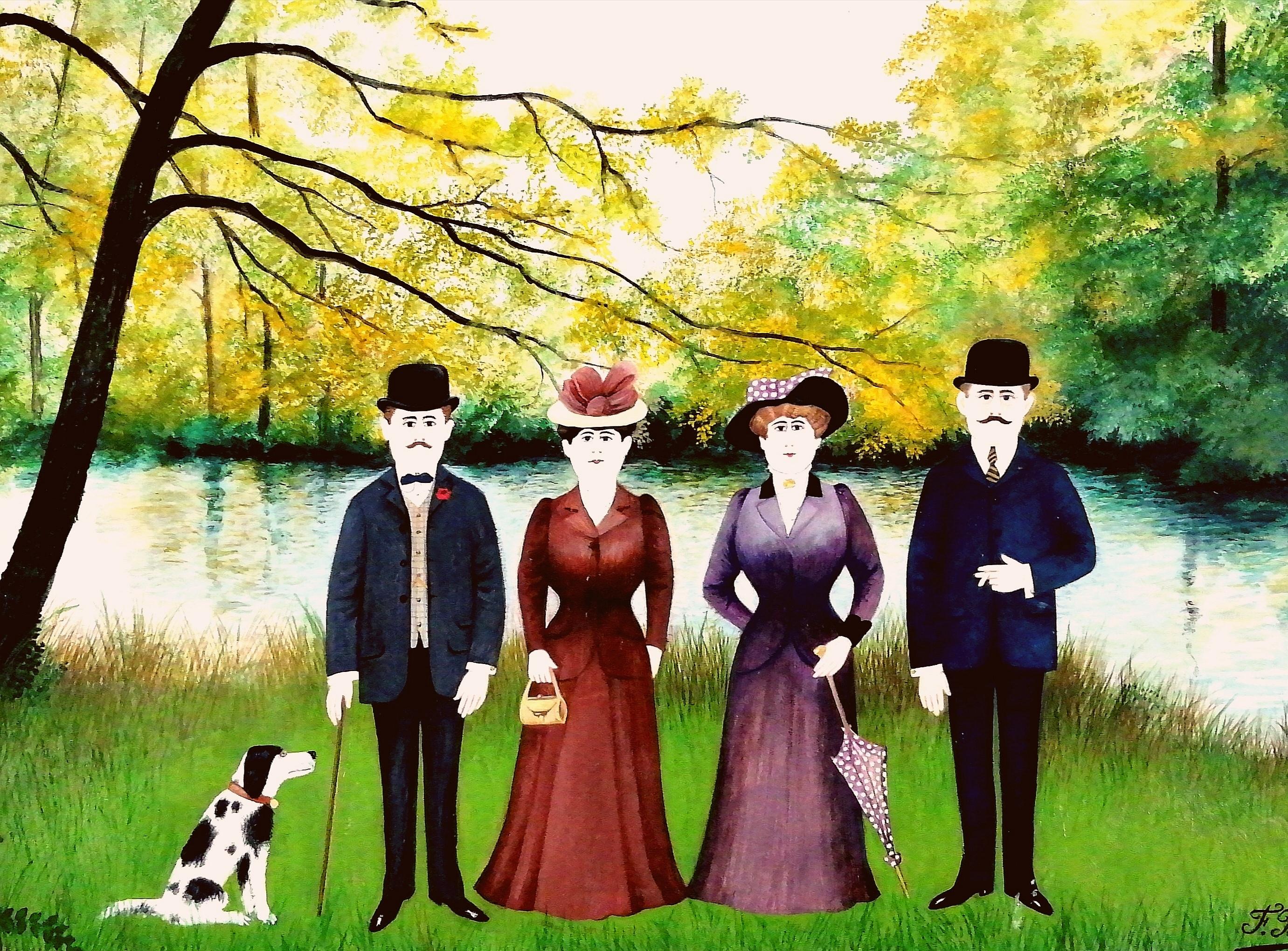 La famiglia in riva al fiume - Pittura ad olio figurativa naïf francese della metà del XX secolo - Figurative Painting Beige di Fernand Boilauges