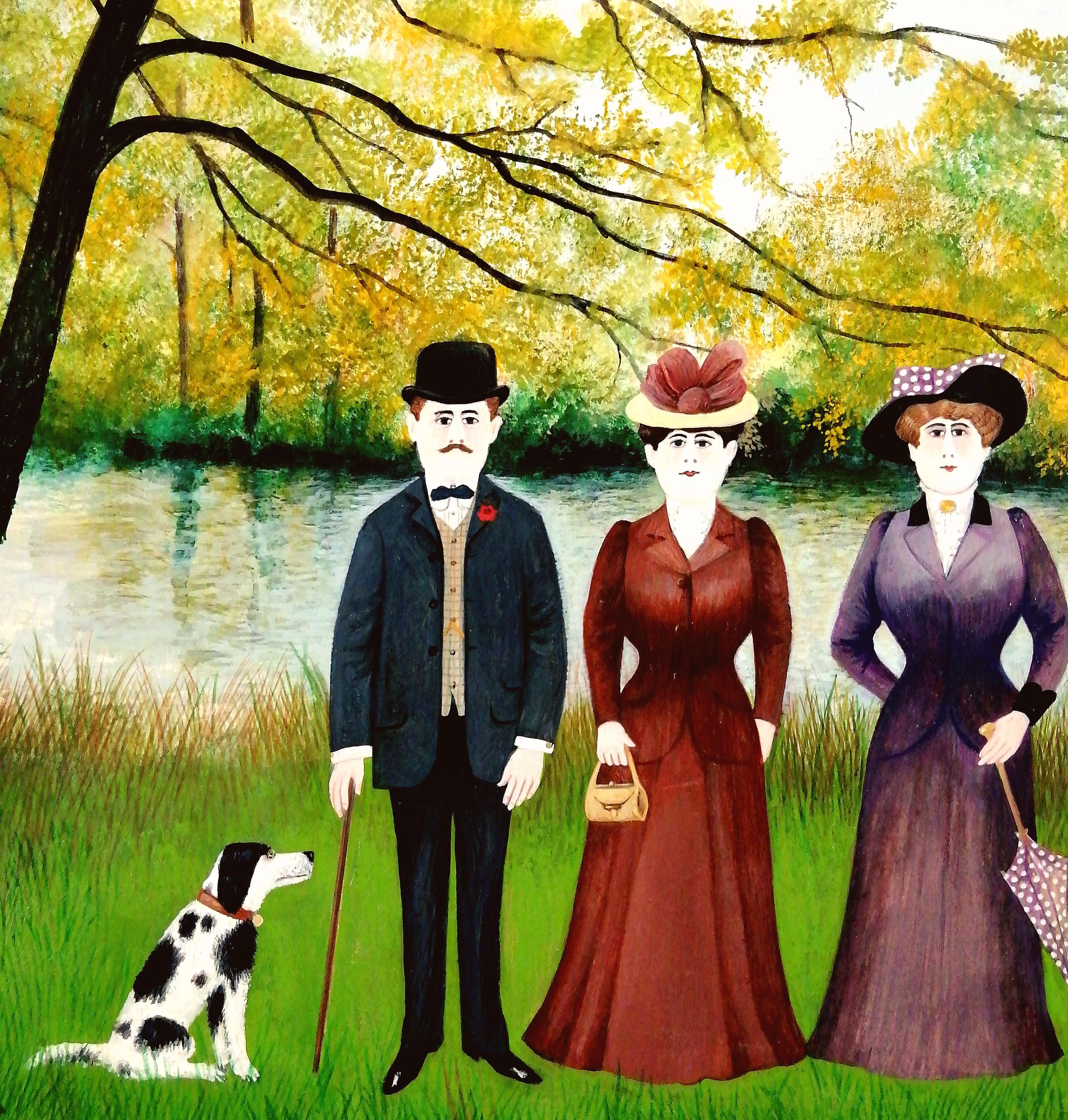 Un bellissimo olio su tavola naïf francese della metà del XX secolo che raffigura una famiglia in riva al fiume, opera di Fernand Boilauges.

L'opera è molto ben dipinta nello stile naïf che era prevalente all'epoca e influenzato da pittori come