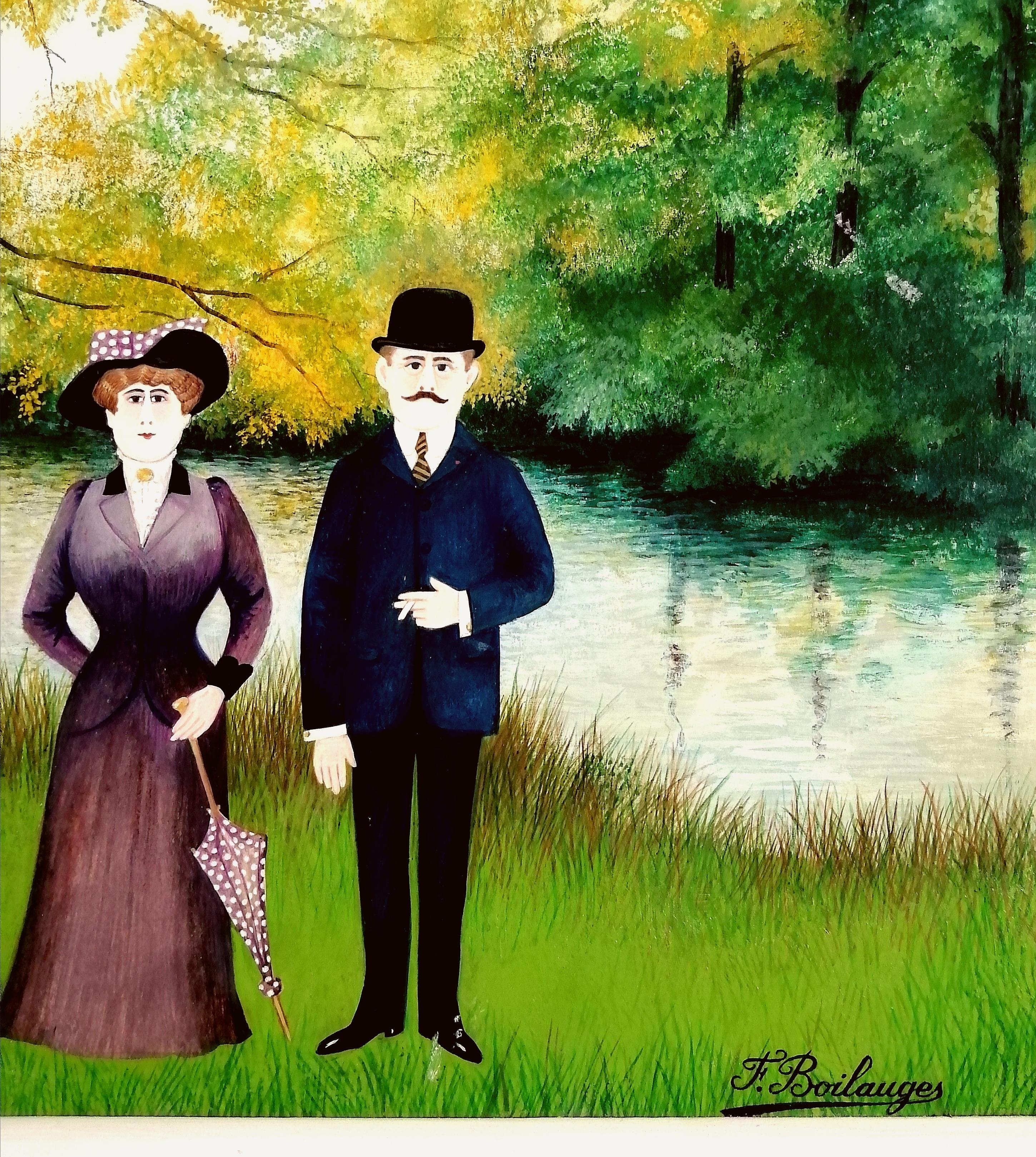 La famiglia in riva al fiume - Pittura ad olio figurativa naïf francese della metà del XX secolo in vendita 3