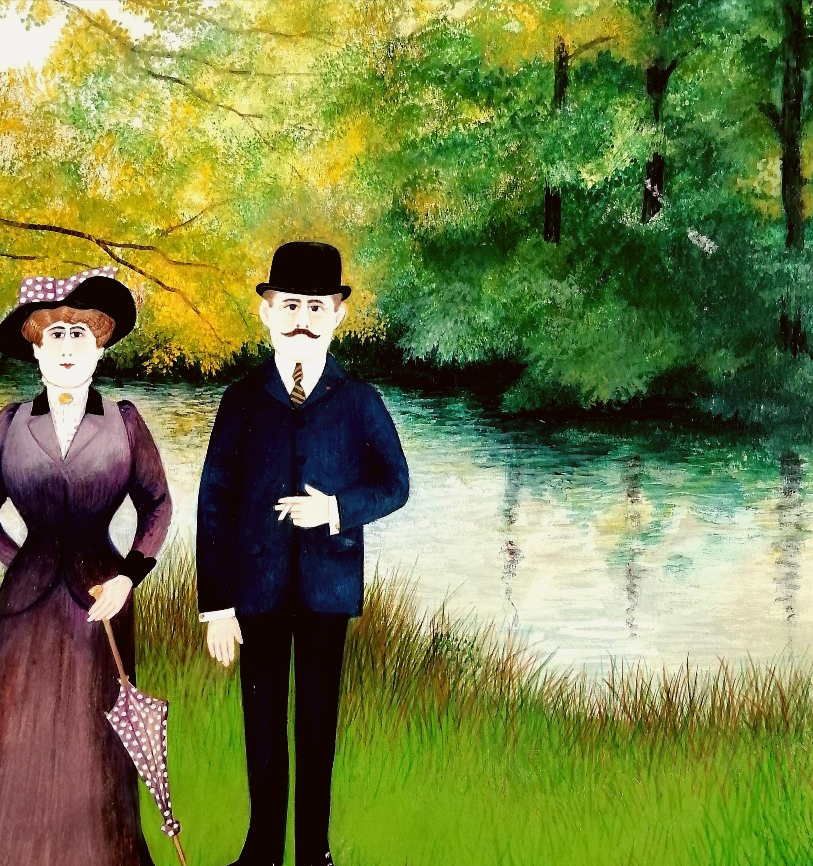 La famiglia in riva al fiume - Pittura ad olio figurativa naïf francese della metà del XX secolo in vendita 4