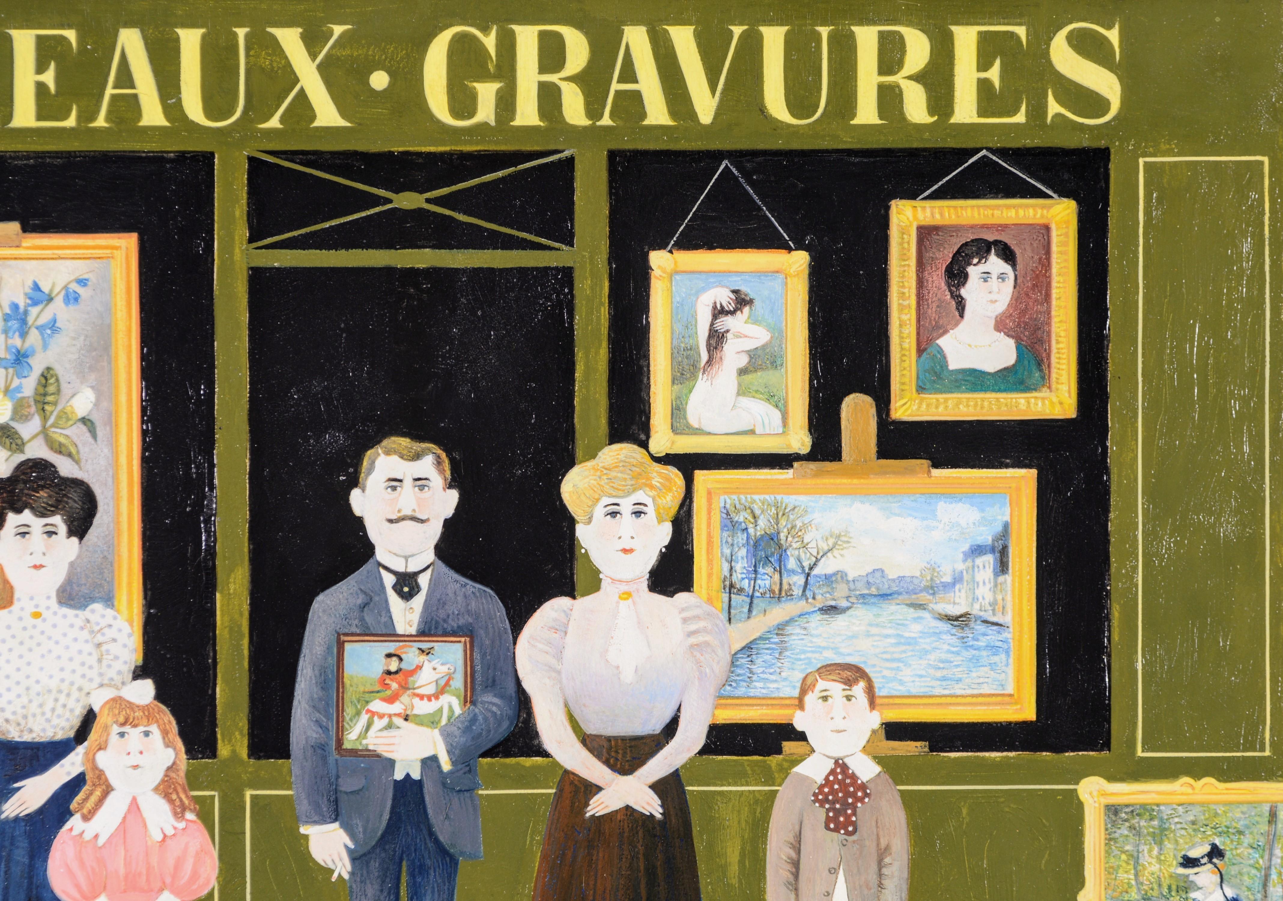 Un bellissimo olio su tavola naïf francese della metà del XX secolo che raffigura una famiglia fuori dal suo negozio d'arte, opera di Fernand Boilauges.

Il negozio si chiama Tableaux.Gravures (Dipinti.Incisioni) e presenta diversi dipinti