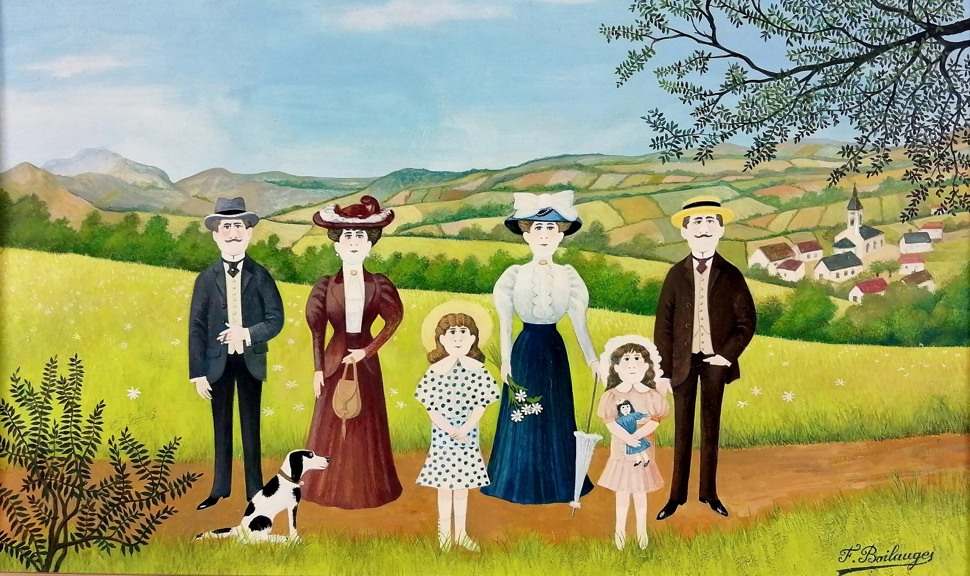 The Walk - Mid 20th Century French Naïf Figurative Family Landscape Oil Painting - Beige Figurative Painting par Fernand Boilauges
