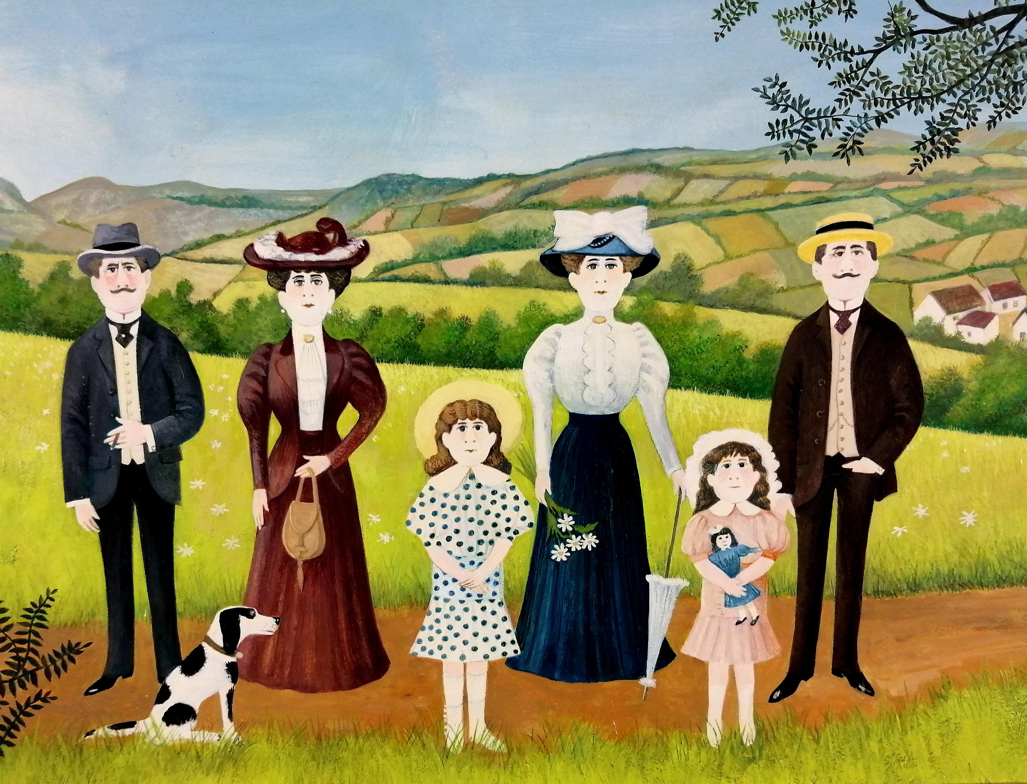 Magnifique huile naïf sur panneau du milieu du 20e siècle représentant une famille en promenade dans la campagne, par Fernand Boilauges.

L'œuvre s'intitule La Promenade et représente quatre adultes, deux jeunes enfants et leur chien dans un paysage
