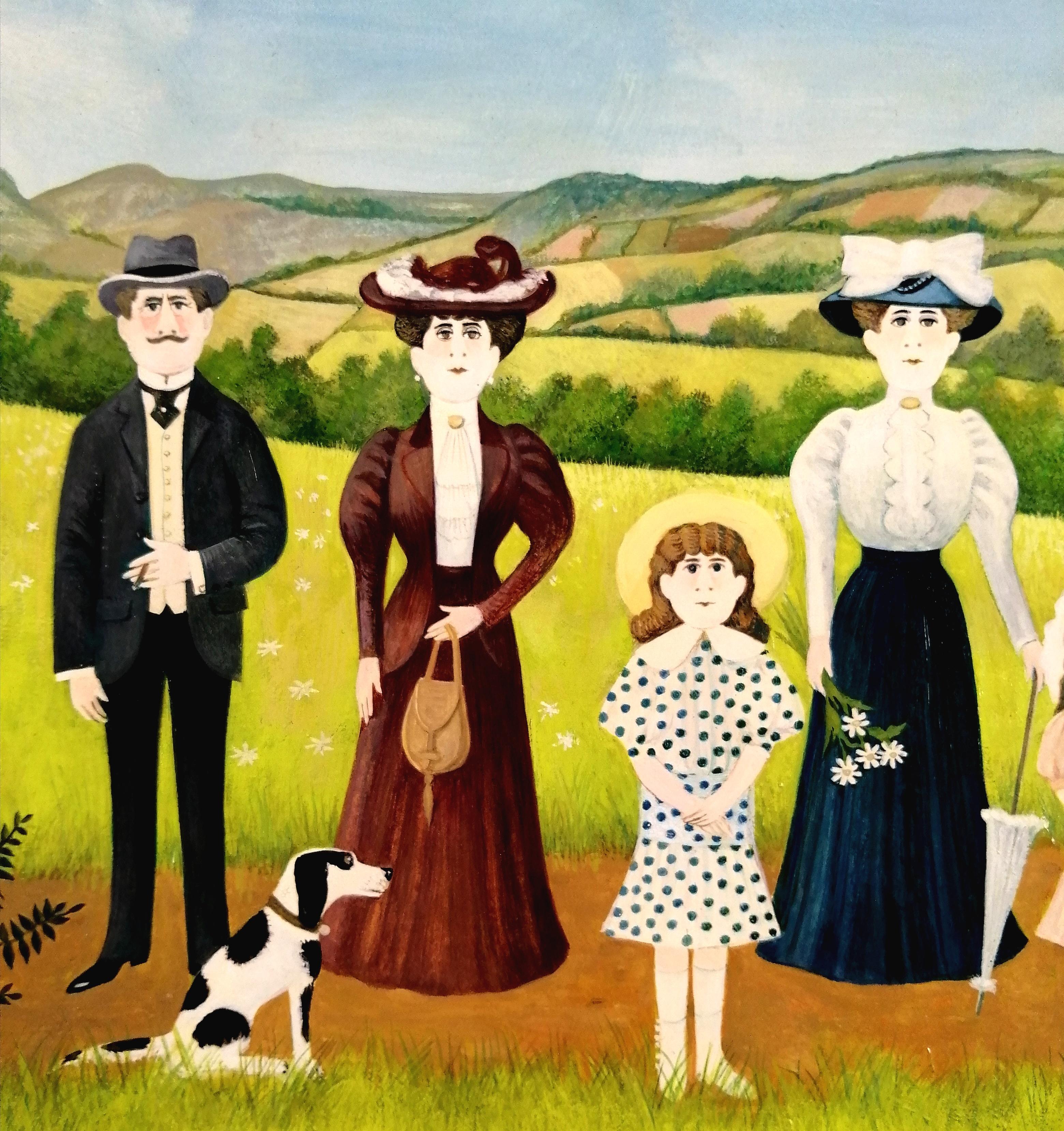 The Walk - Mid 20th Century French Naïf Figurative Family Landscape Oil Painting en vente 1