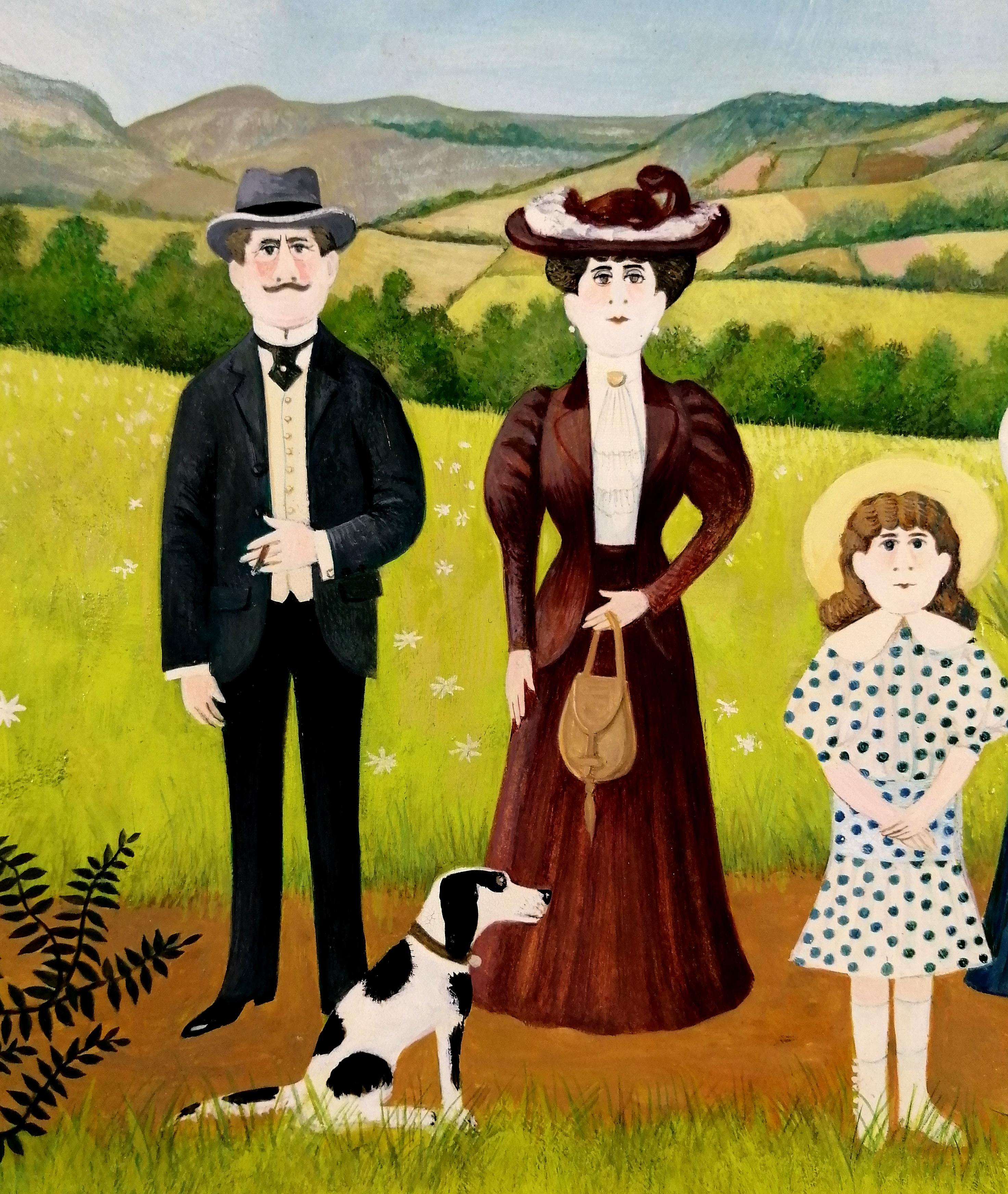 The Walk - Mid 20th Century French Naïf Figurative Family Landscape Oil Painting en vente 2