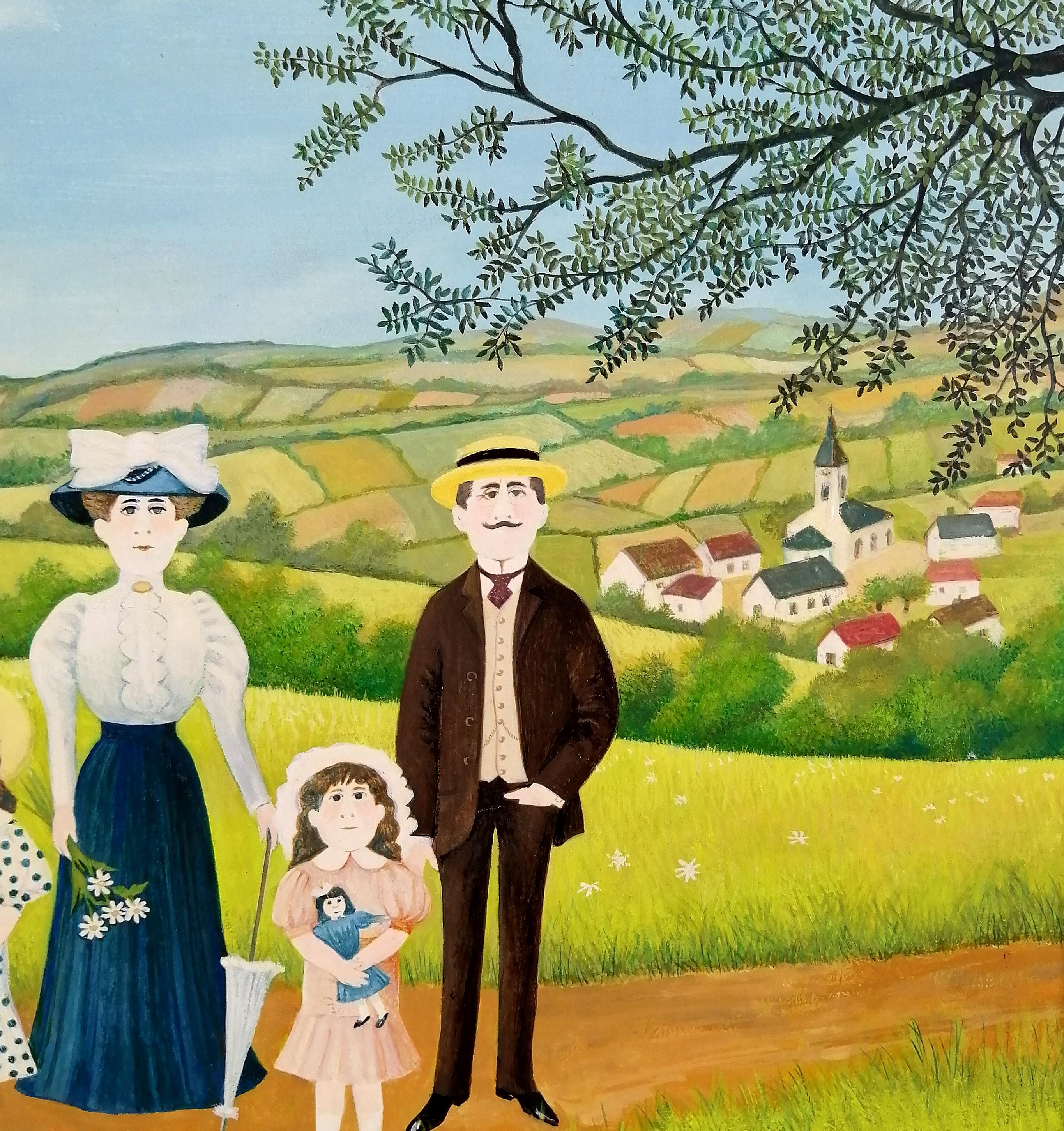 The Walk - Mid 20th Century French Naïf Figurative Family Landscape Oil Painting en vente 3