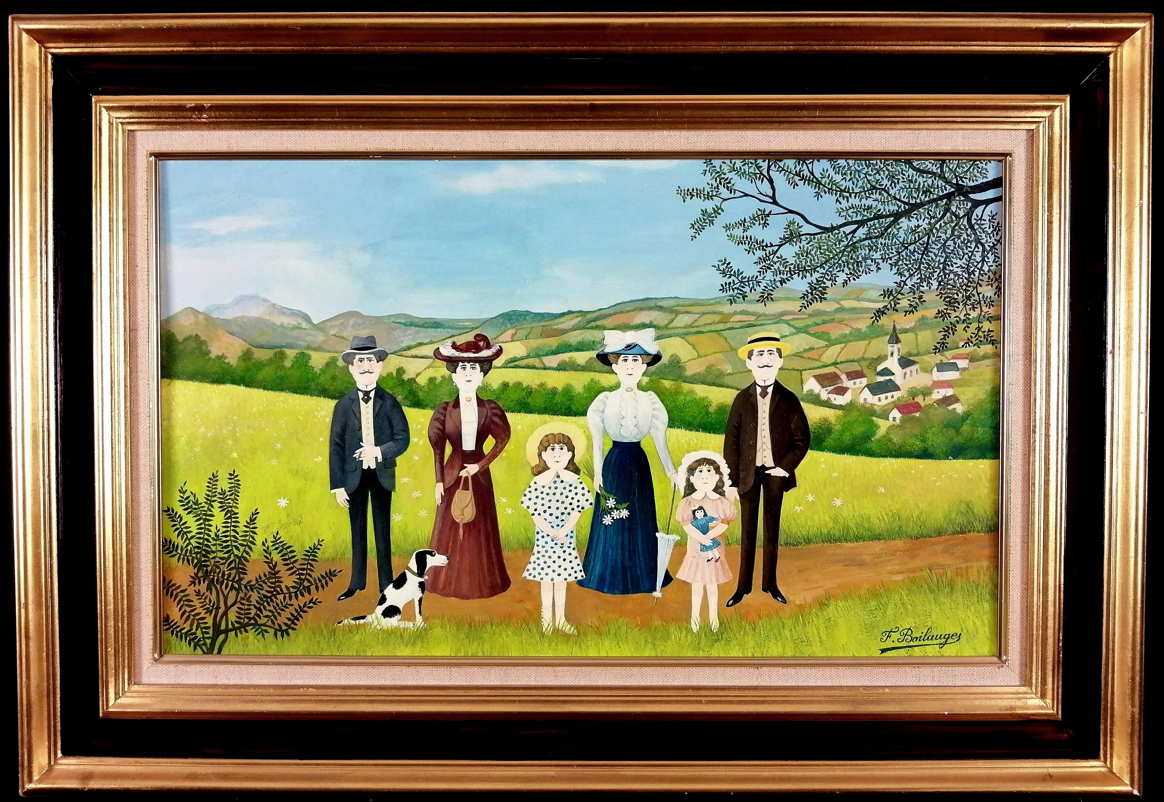 Figurative Painting Fernand Boilauges - The Walk - Mid 20th Century French Naïf Figurative Family Landscape Oil Painting