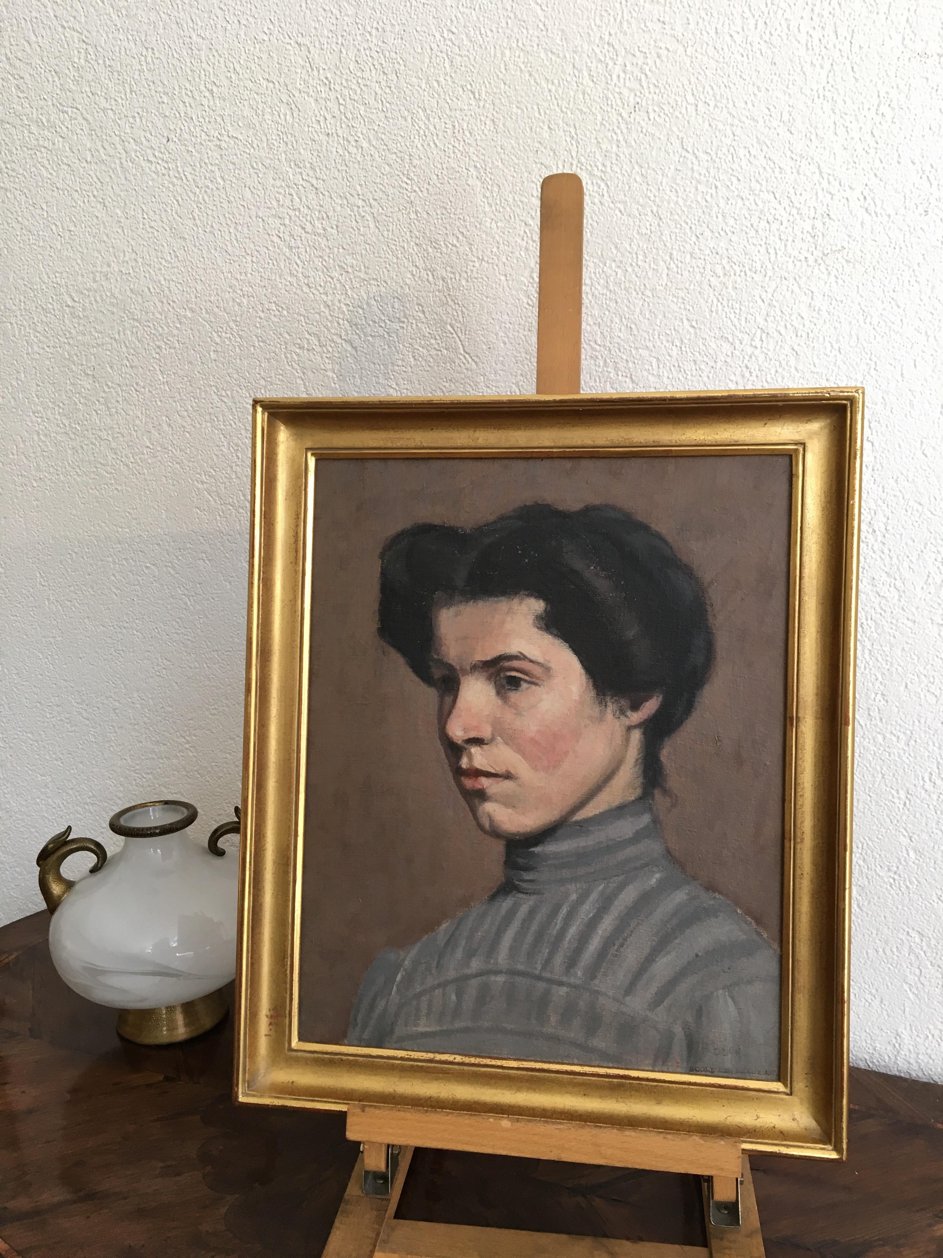 Porträt einer jungen Frau – Painting von Fernand Bovy