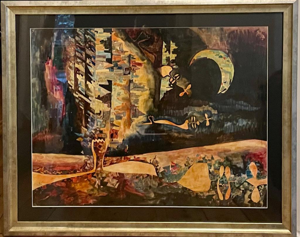 Fernand Carette 1921- 2005 Futuristic surrealist landscape . oil painting by Belgian artist Carette painted during the 1960s while he was working with the Phases group . 64cm x 49cm / 80cm x 64cm framed .
Fernand Carette, born in 1921 in Marcinelle