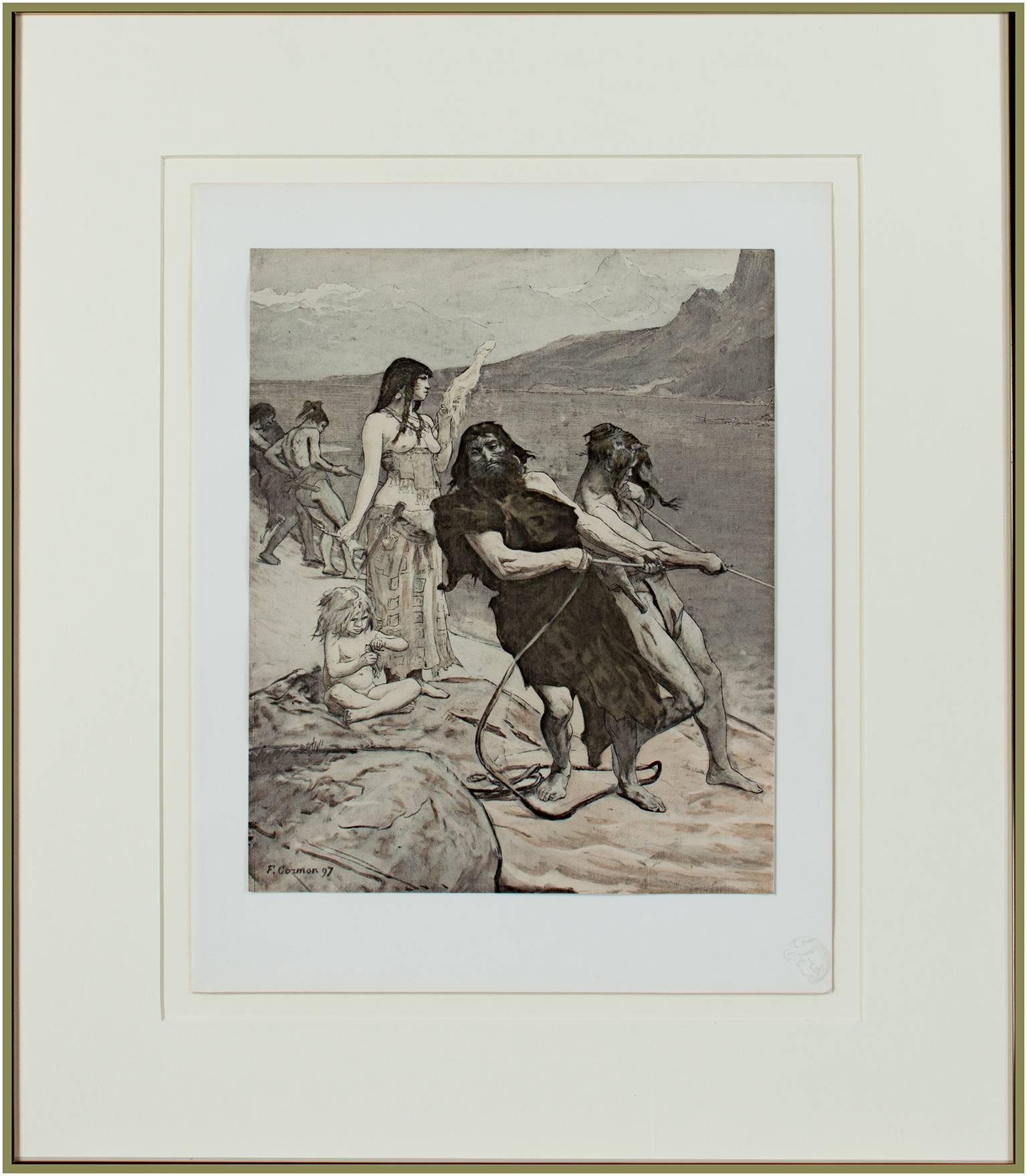 19th century lithograph realistic black and white landscape figurative print - Art Nouveau Print by Fernand Cormon