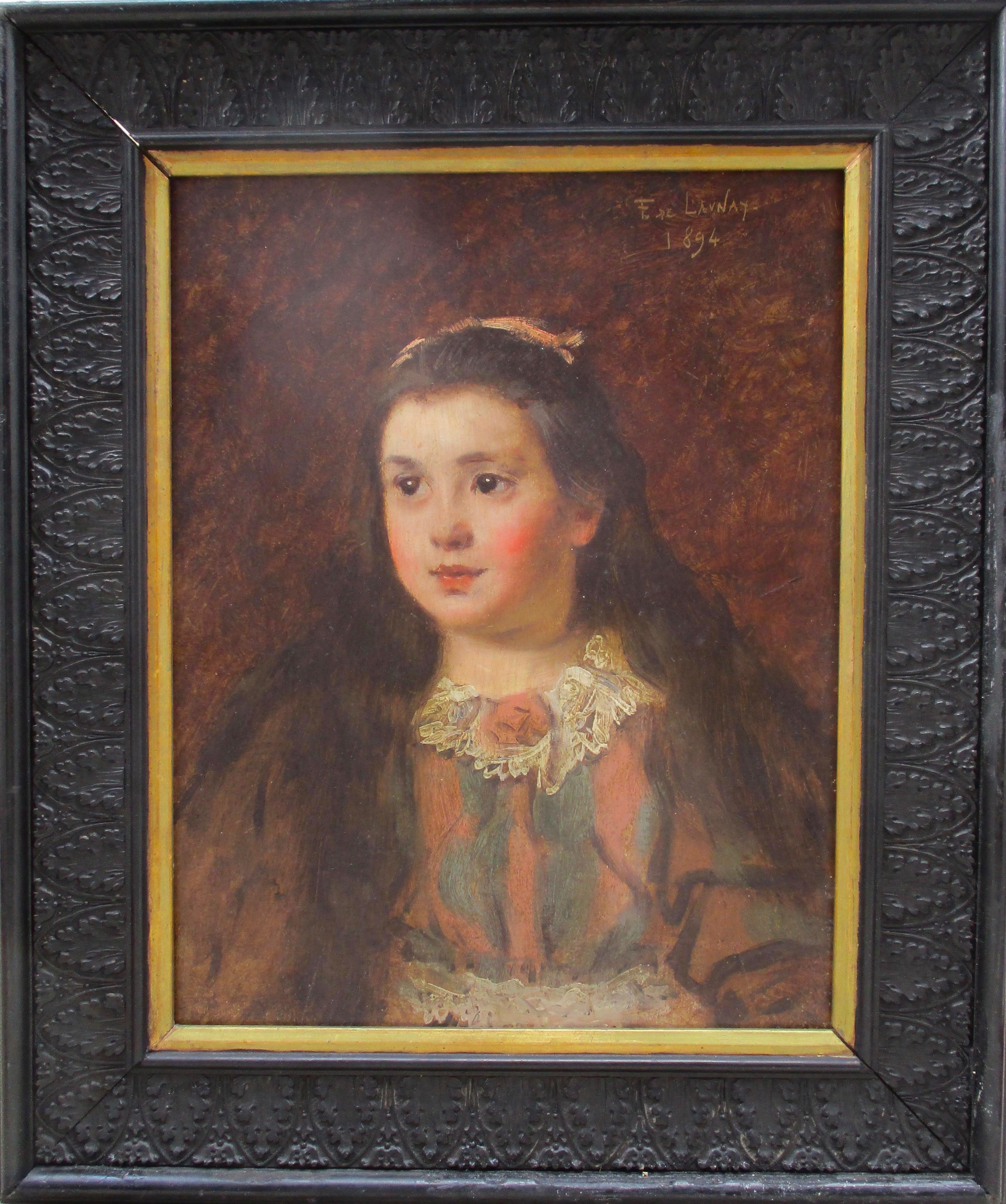 Fernand de Launay Portrait Painting – Der Spitzenkragen: impressionistisches französisches Gemälde der Belle Epoque mit einem Mädchen im Lippenstiftstil