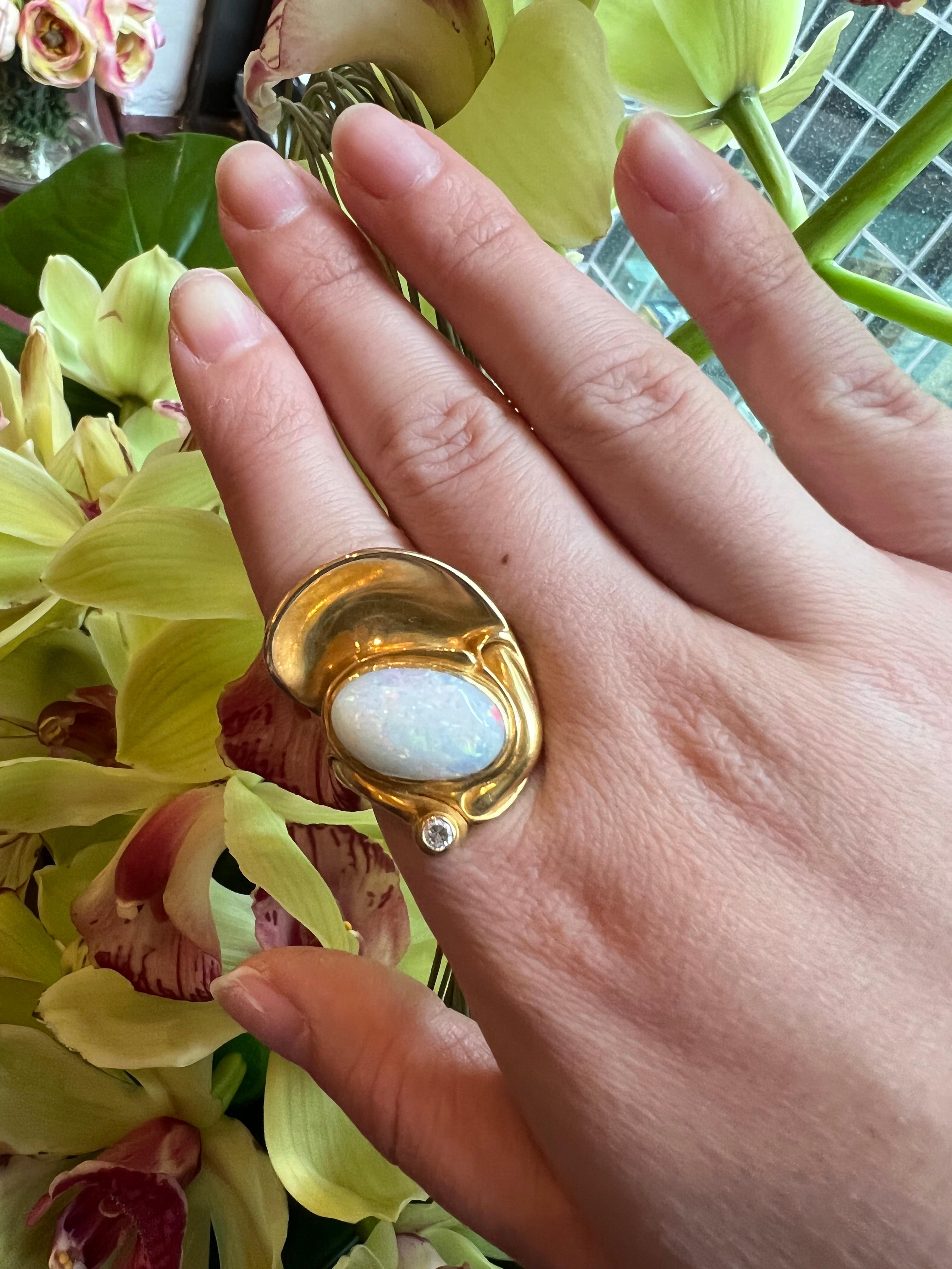 Modernist Artist Jewel Fernand Demaret White Fire Opal Diamond 18 Karat Gold Cocktail Ring For Sale