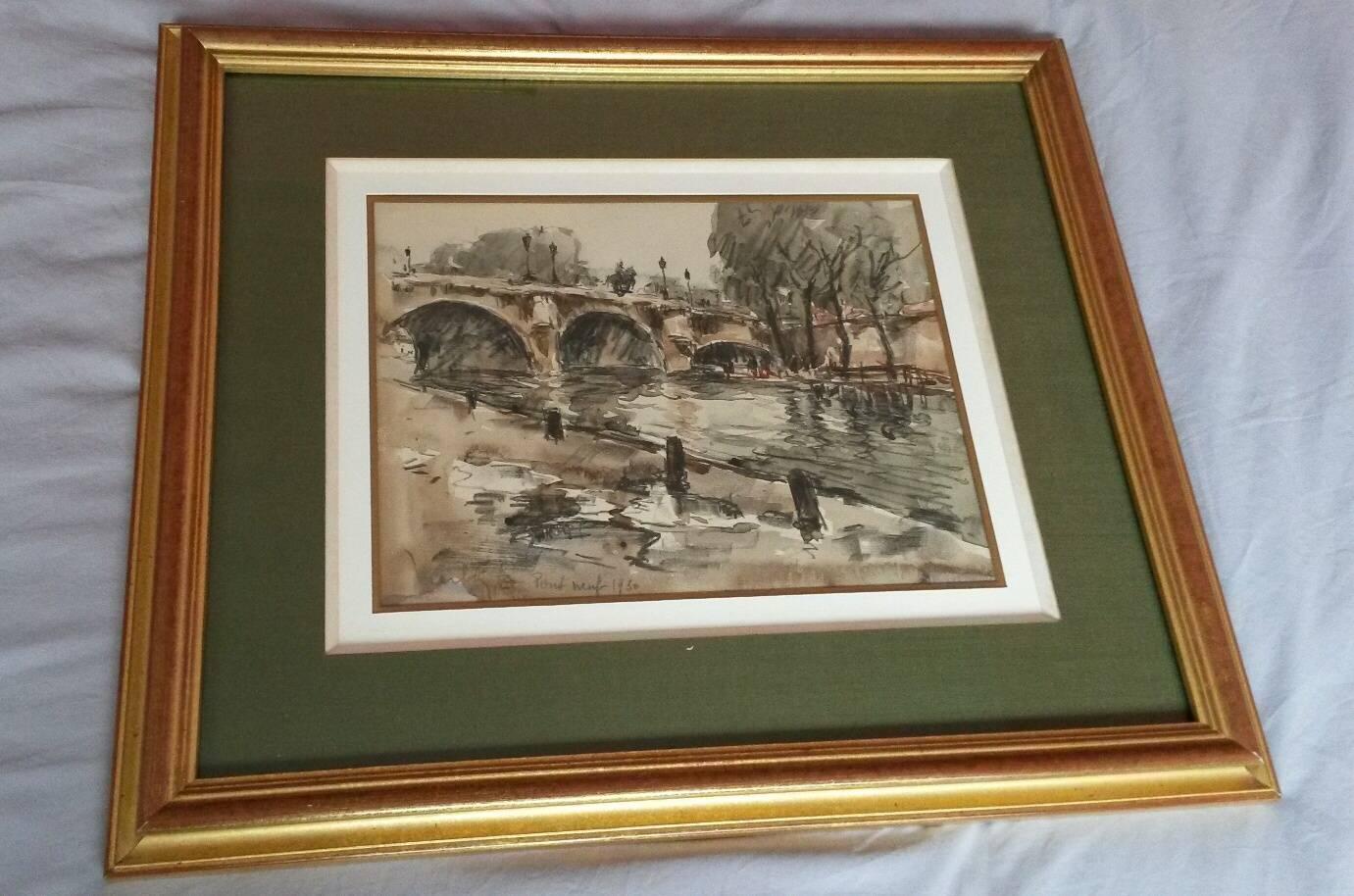 Pont post-impressionniste  Paysage à l'aquarelle de Neuf  - Painting de Fernand Herbo