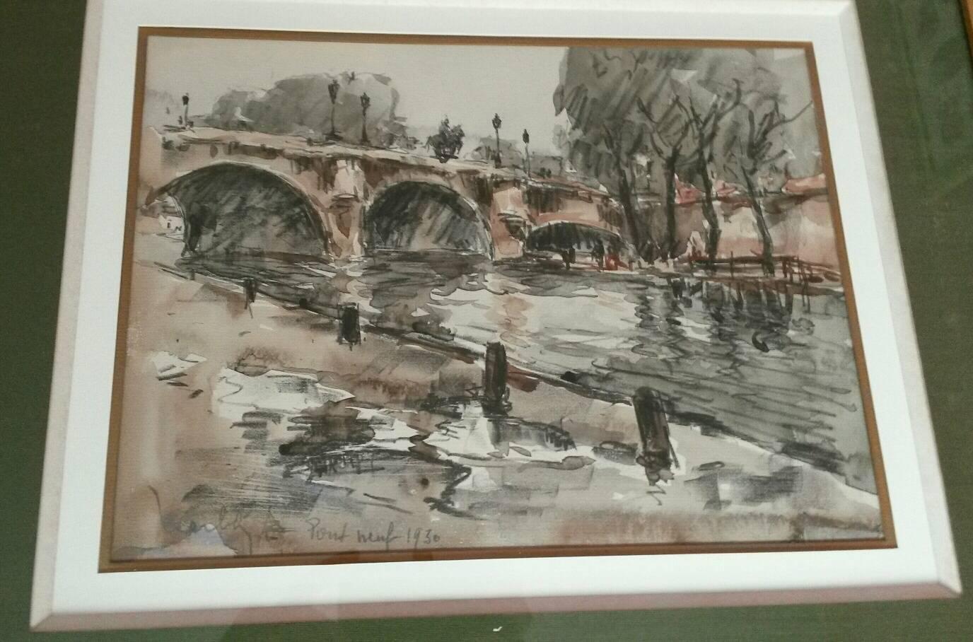 Pont post-impressionniste  Paysage à l'aquarelle de Neuf  - Post-impressionnisme Painting par Fernand Herbo